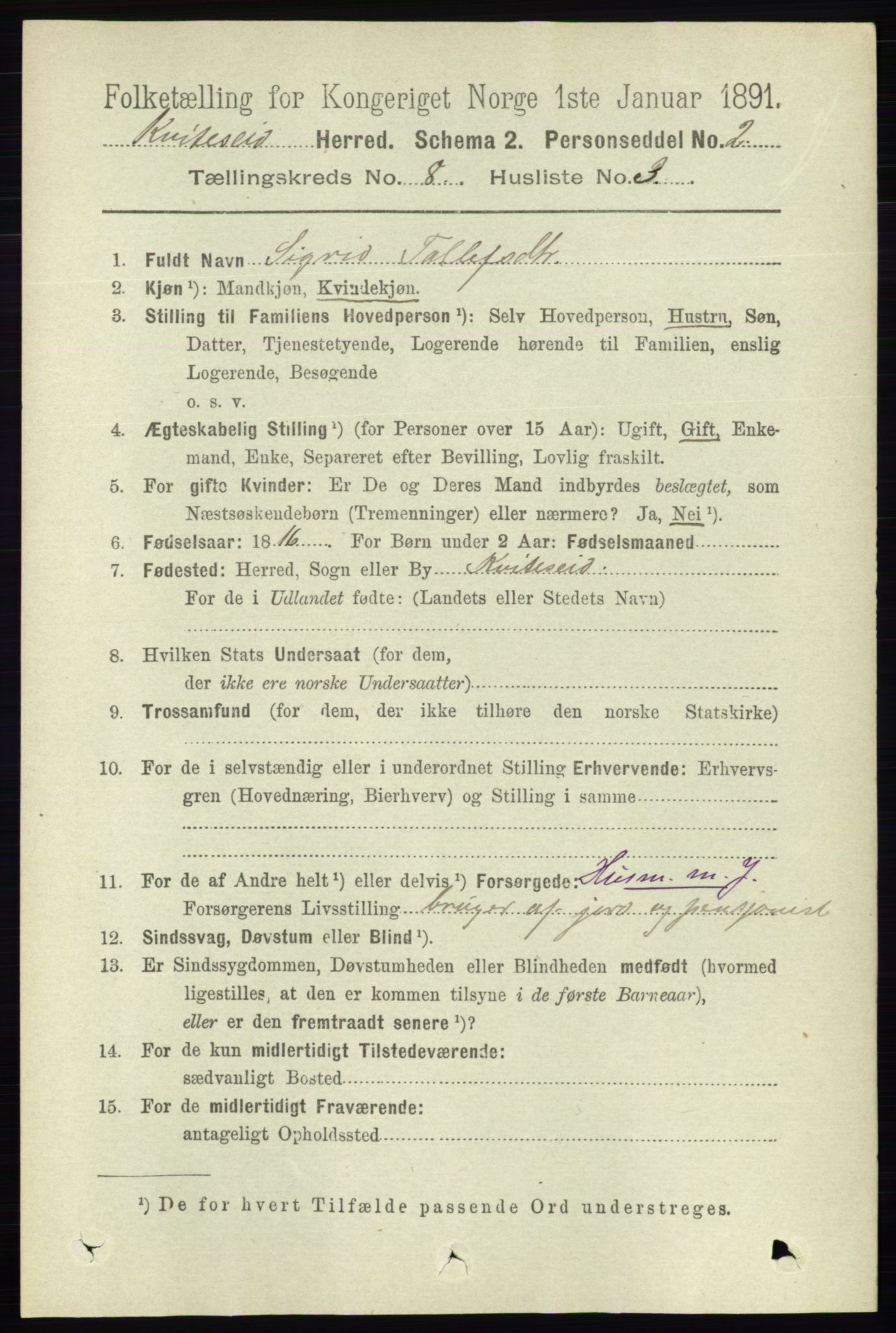 RA, 1891 census for 0829 Kviteseid, 1891, p. 1619