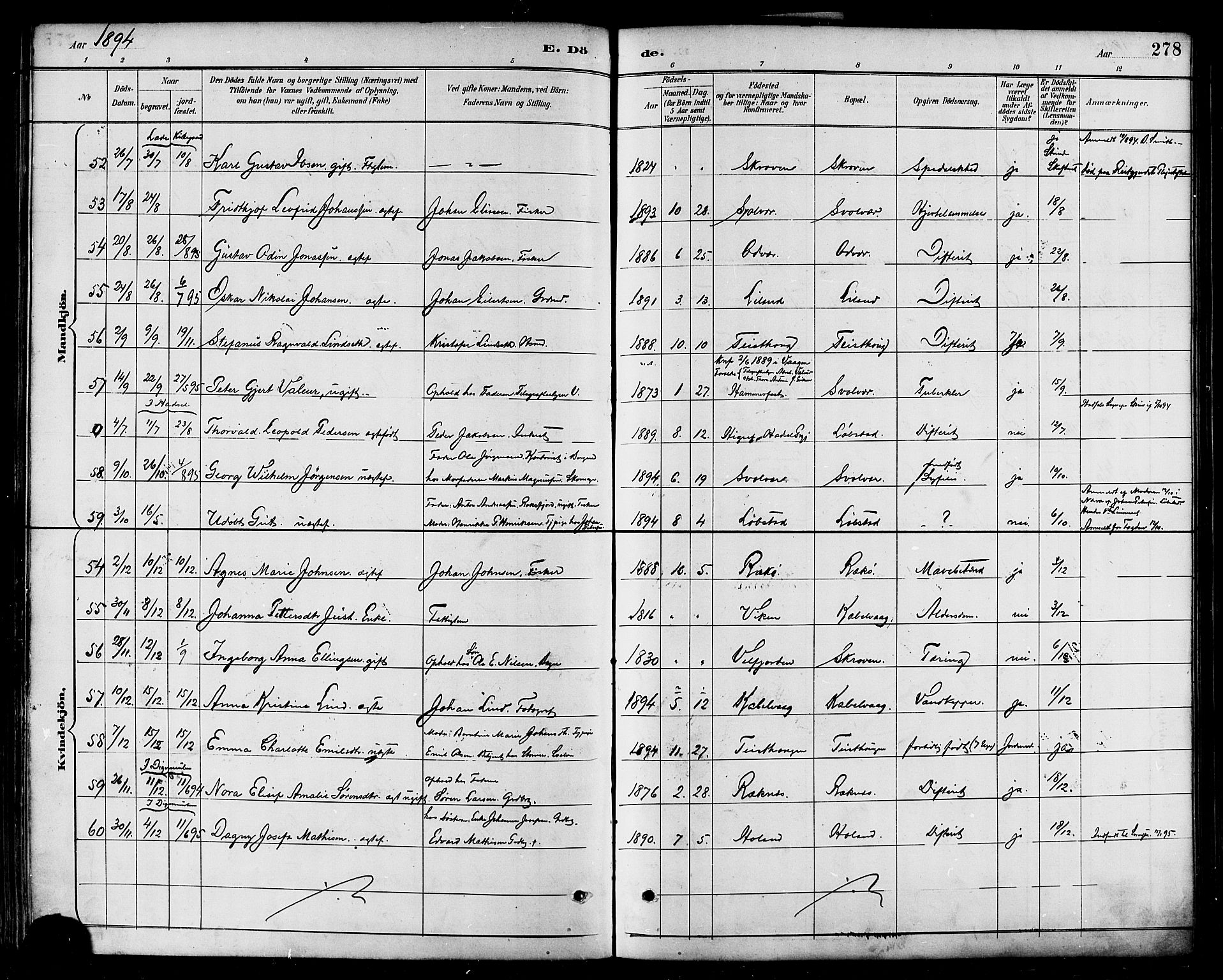 Ministerialprotokoller, klokkerbøker og fødselsregistre - Nordland, AV/SAT-A-1459/874/L1060: Parish register (official) no. 874A04, 1890-1899, p. 278