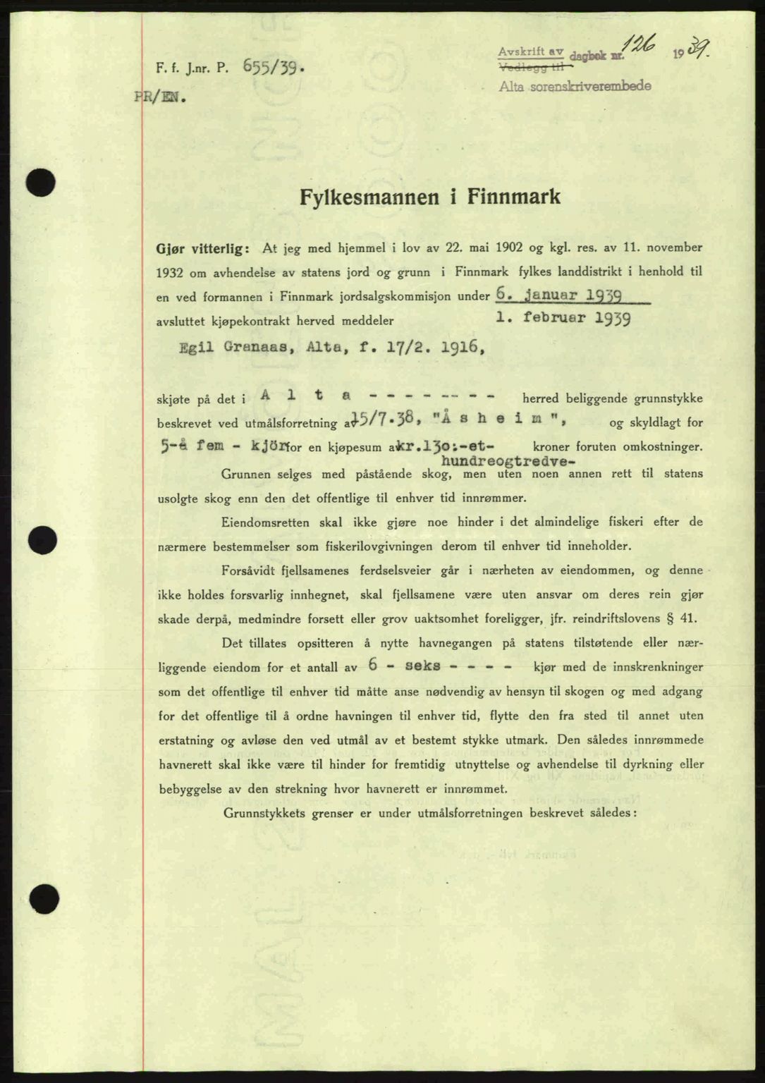 Alta fogderi/sorenskriveri, SATØ/SATØ-5/1/K/Kd/L0031pantebok: Mortgage book no. 31, 1938-1939, Diary no: : 126/1939