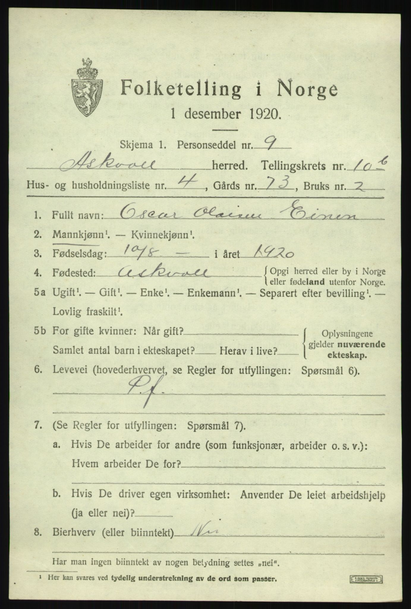 SAB, 1920 census for Askvoll, 1920, p. 4392