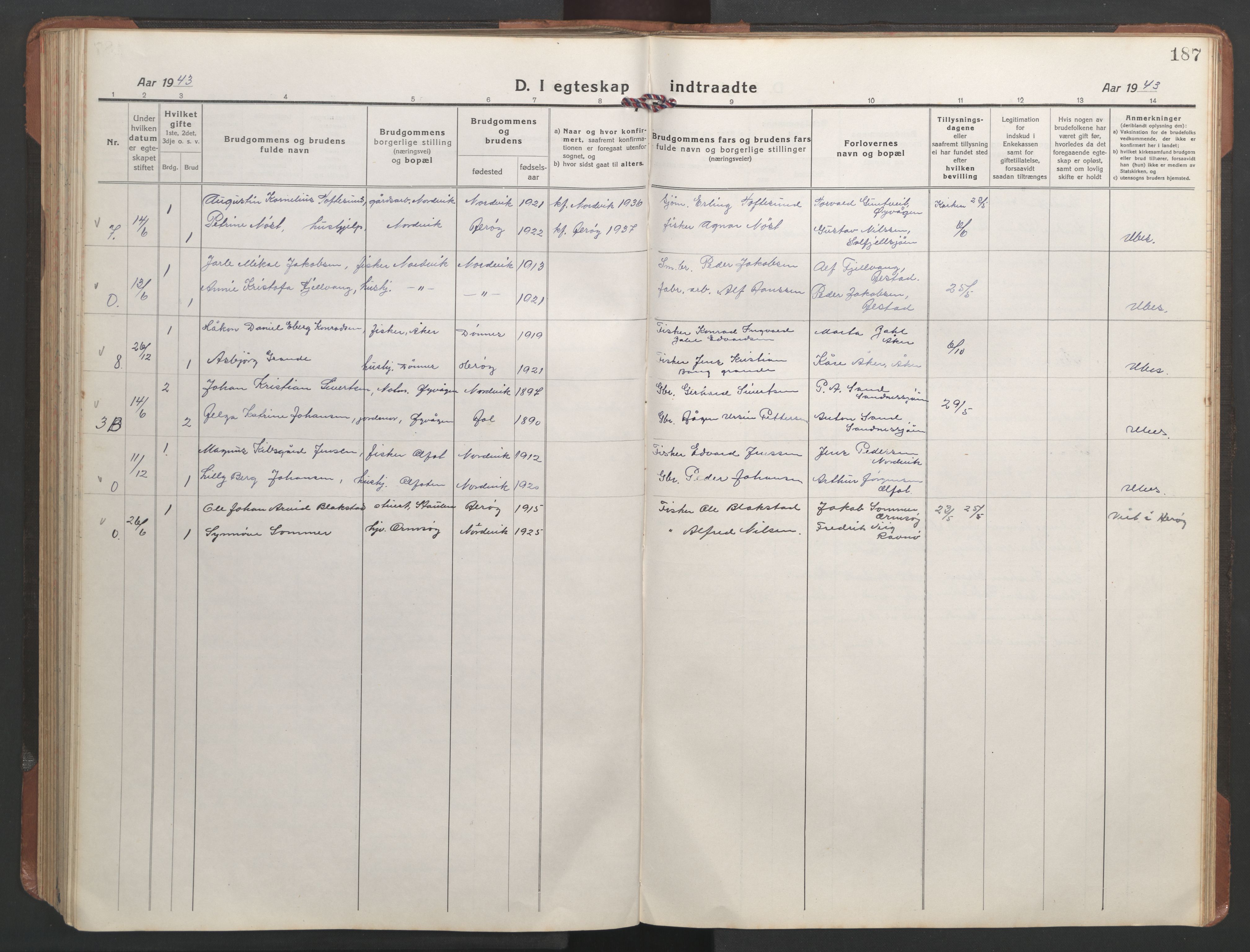 Ministerialprotokoller, klokkerbøker og fødselsregistre - Nordland, SAT/A-1459/836/L0539: Parish register (copy) no. 836C03, 1917-1949, p. 187