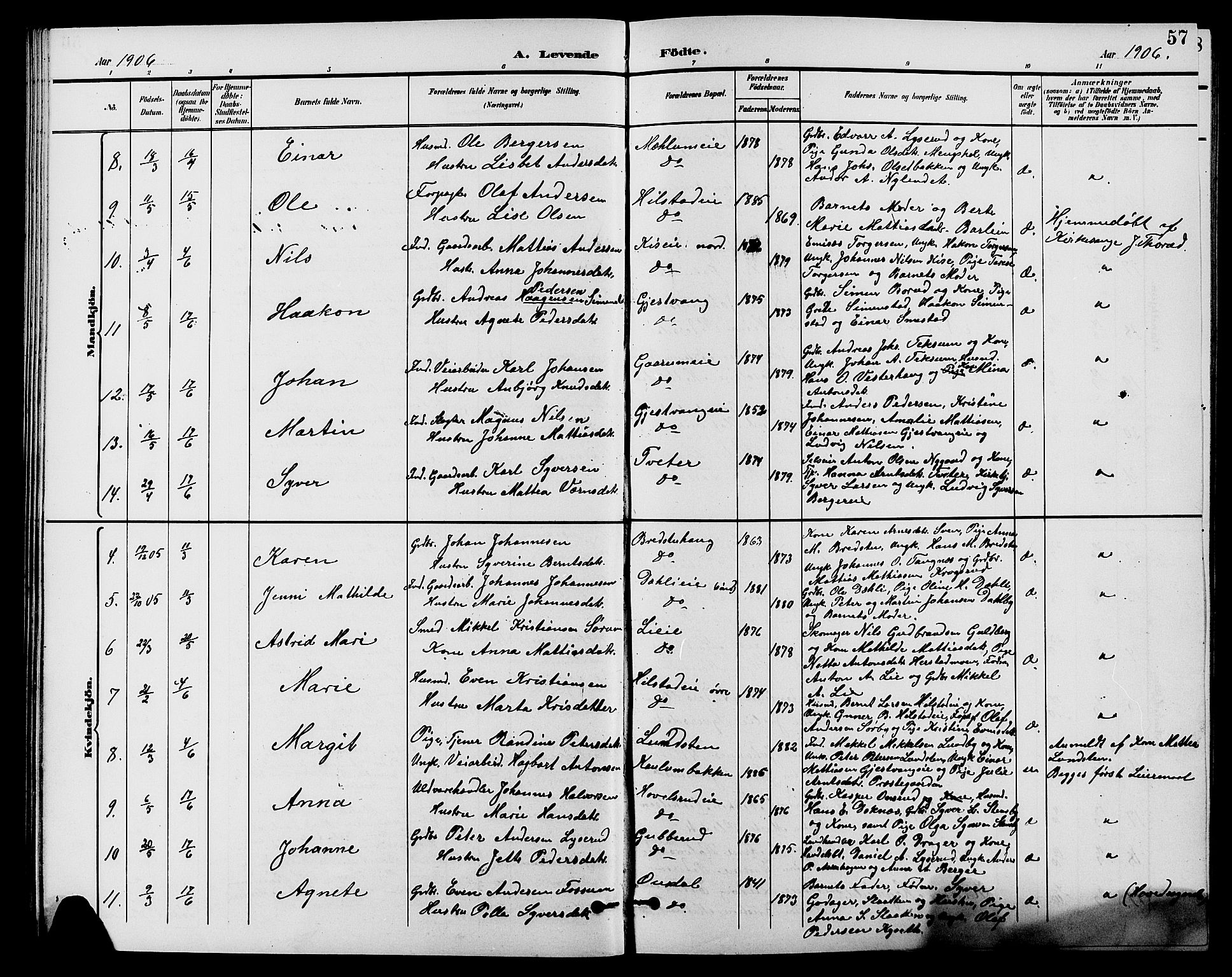 Nes prestekontor, Hedmark, AV/SAH-PREST-020/L/La/L0007: Parish register (copy) no. 7, 1892-1912, p. 57