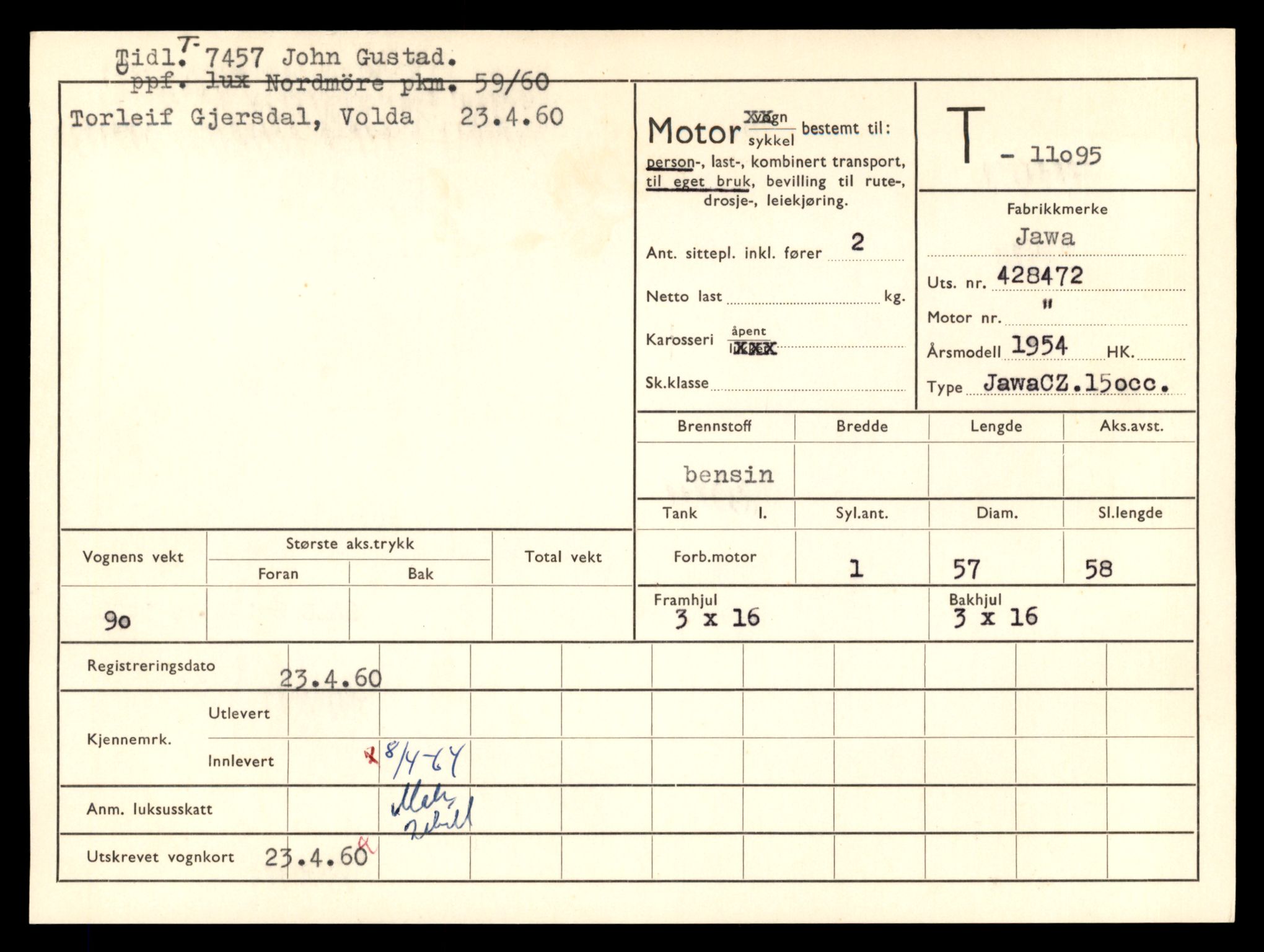 Møre og Romsdal vegkontor - Ålesund trafikkstasjon, AV/SAT-A-4099/F/Fe/L0026: Registreringskort for kjøretøy T 11046 - T 11160, 1927-1998, p. 1413