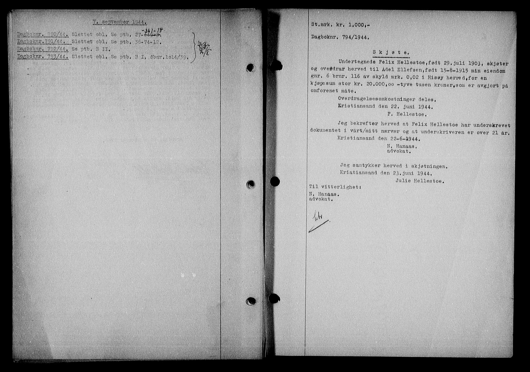 Nedenes sorenskriveri, SAK/1221-0006/G/Gb/Gba/L0051: Mortgage book no. A-V, 1943-1944, Diary no: : 794/1944