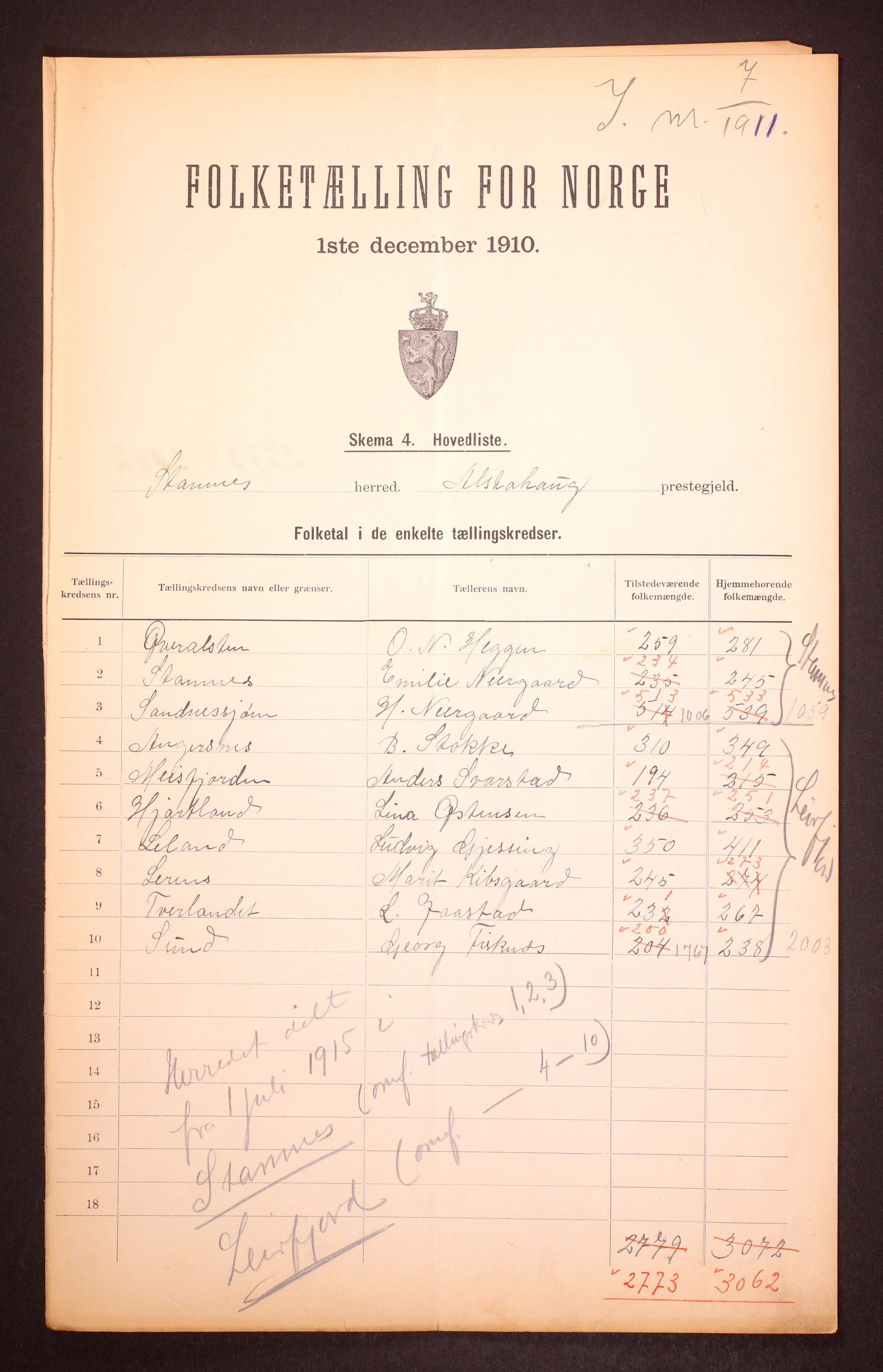 RA, 1910 census for Stamnes, 1910, p. 2