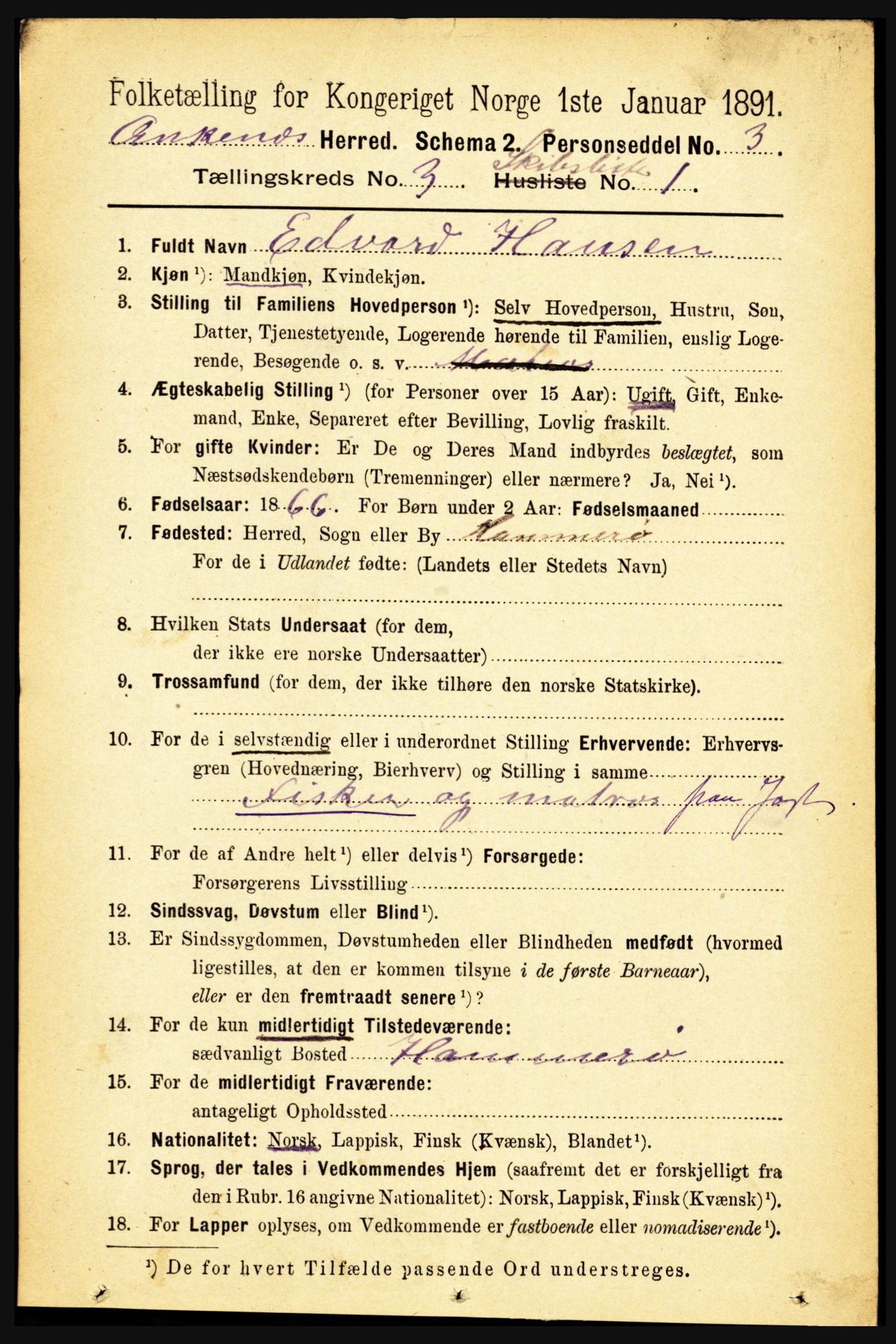 RA, 1891 census for 1855 Ankenes, 1891, p. 2211