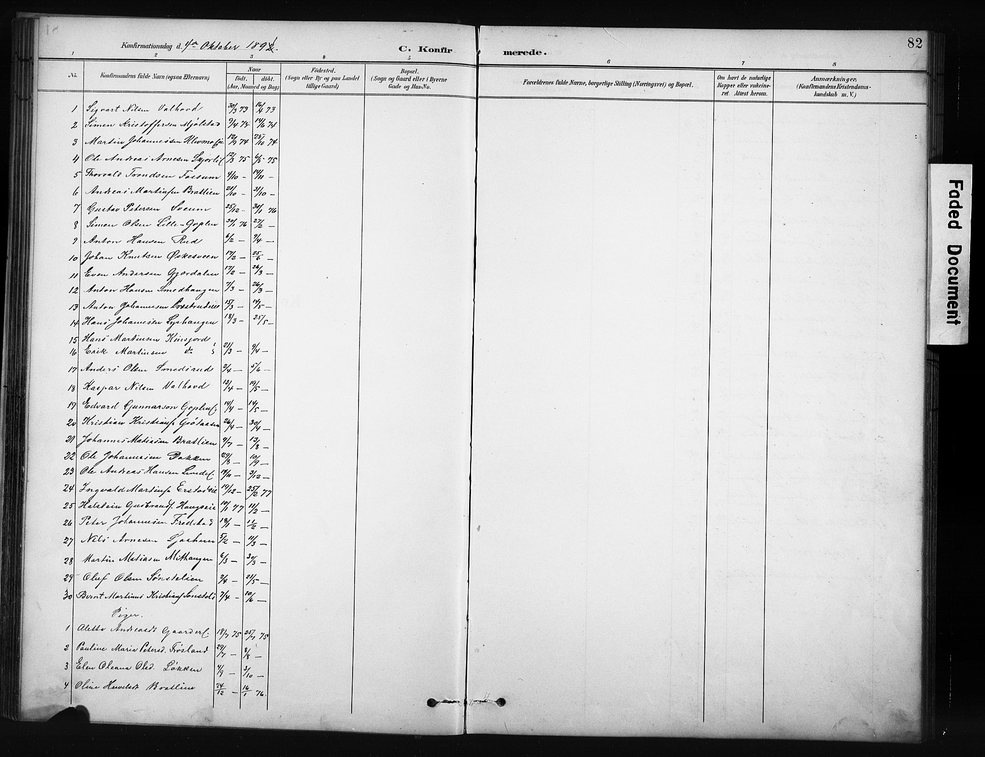 Nordre Land prestekontor, SAH/PREST-124/H/Ha/Hab/L0012: Parish register (copy) no. 12, 1891-1909, p. 82