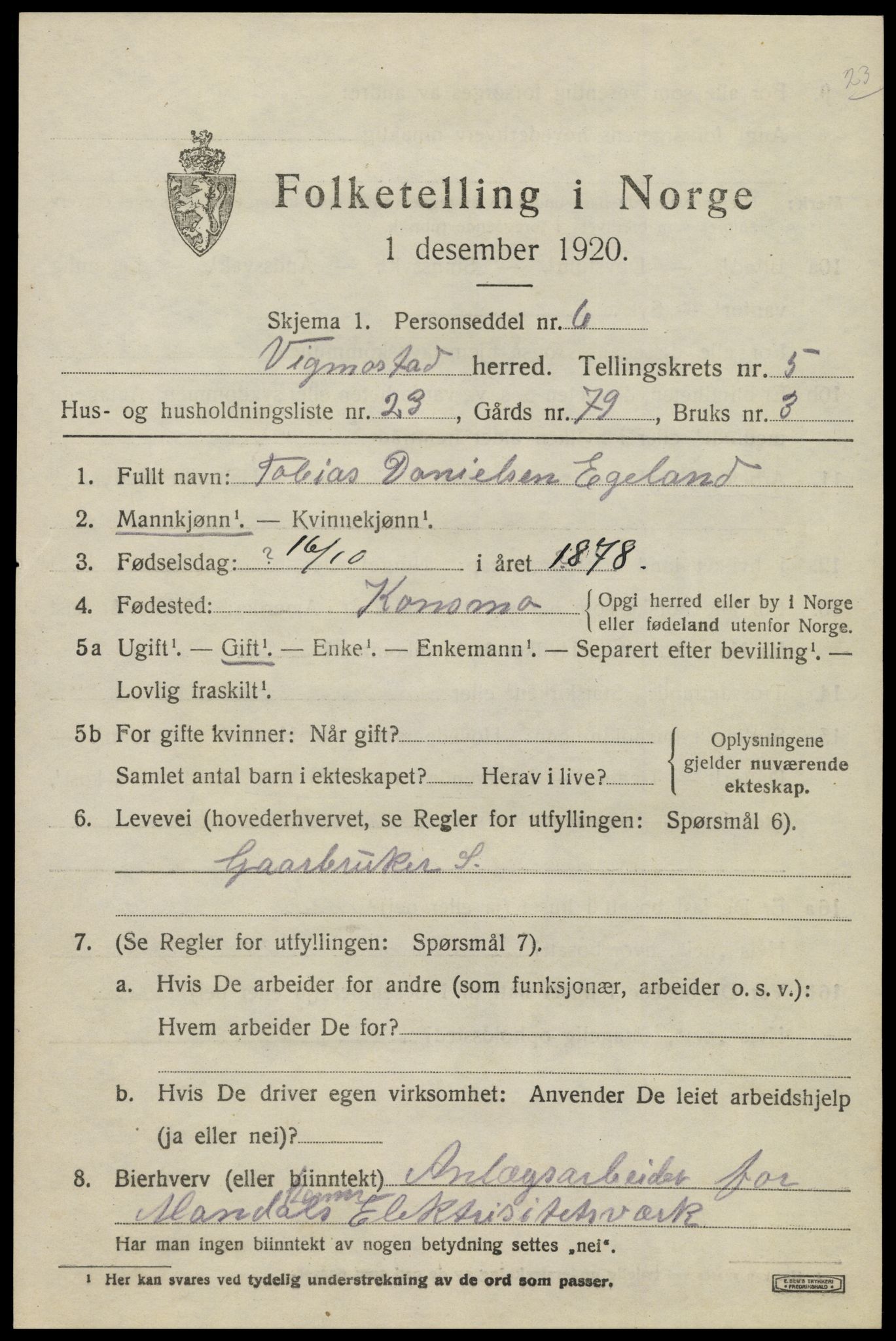 SAK, 1920 census for Vigmostad, 1920, p. 1895