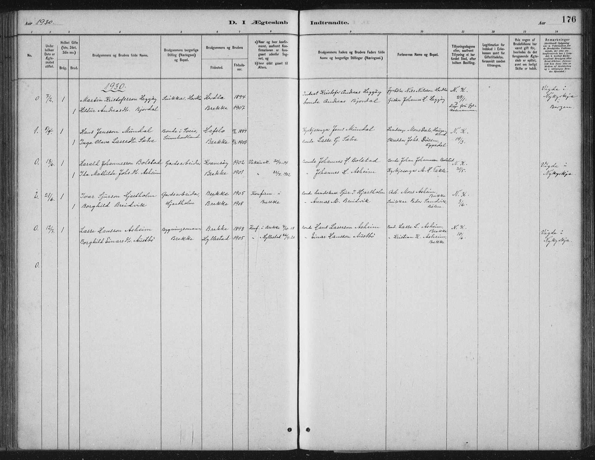 Gulen sokneprestembete, SAB/A-80201/H/Hab/Habc/L0002: Parish register (copy) no. C 2, 1880-1938, p. 176