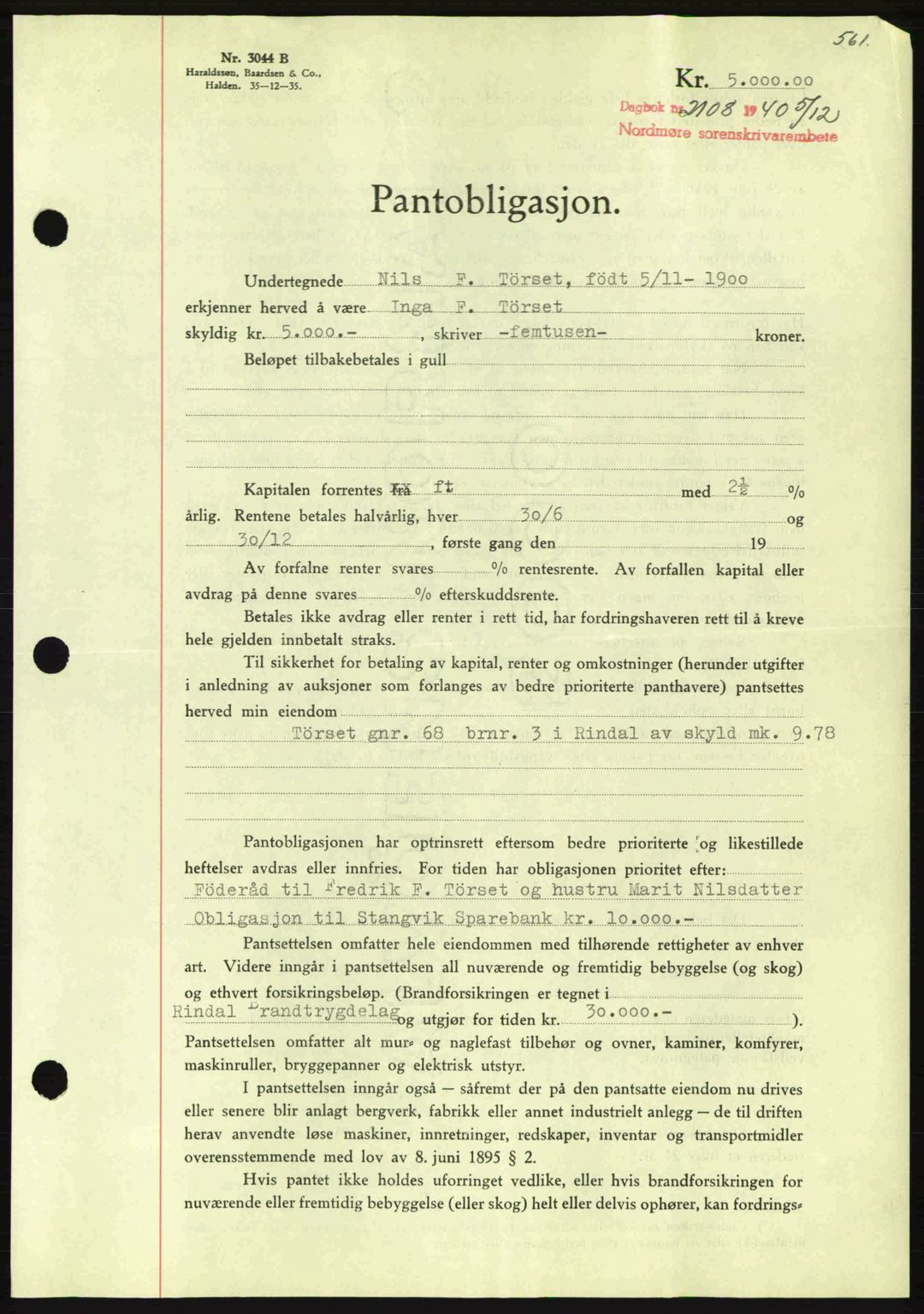 Nordmøre sorenskriveri, AV/SAT-A-4132/1/2/2Ca: Mortgage book no. B87, 1940-1941, Diary no: : 2108/1940