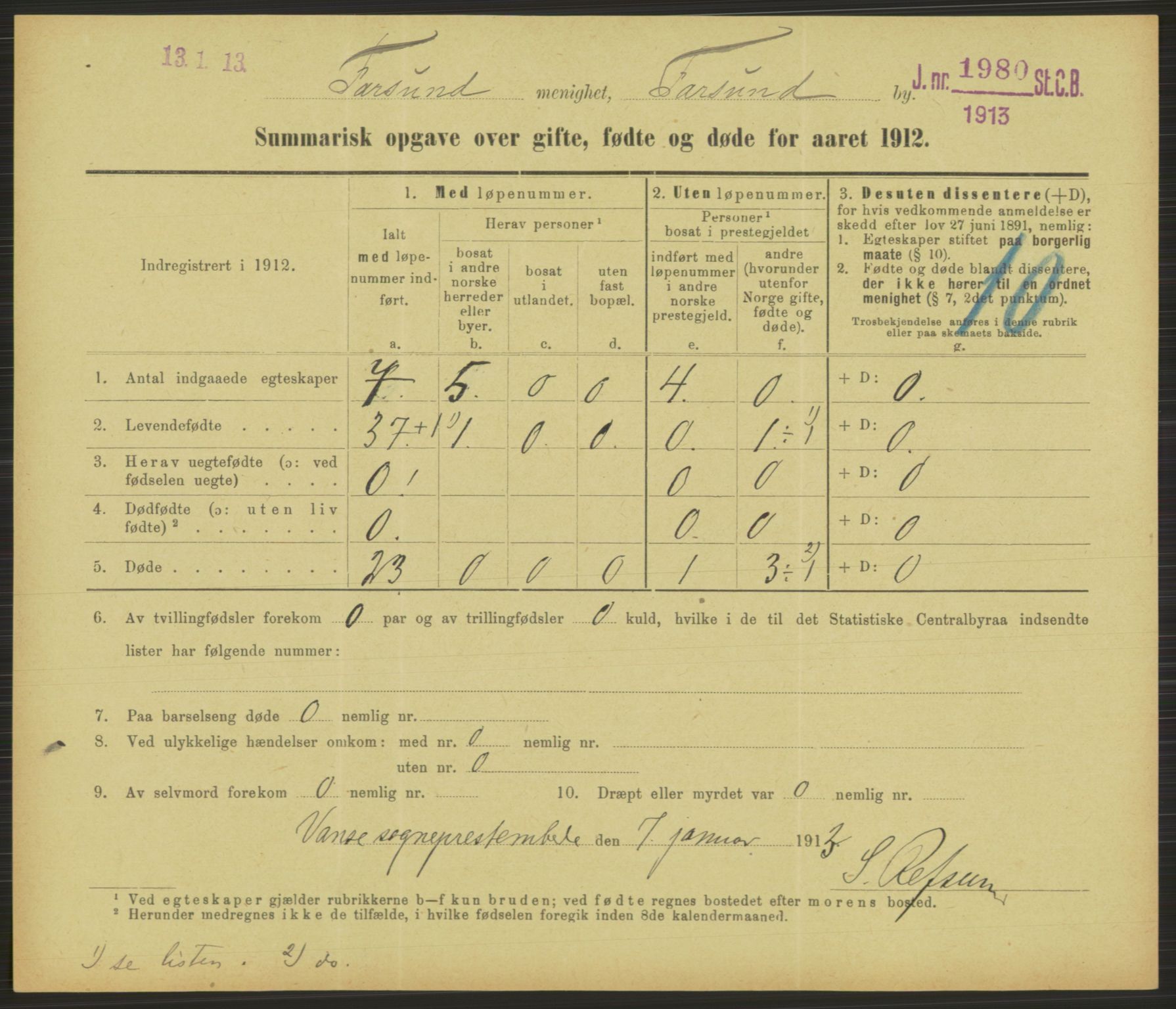 Statistisk sentralbyrå, Sosiodemografiske emner, Befolkning, RA/S-2228/D/Df/Dfb/Dfbb/L0052: Summariske oppgaver over gifte, fødte og døde for hele landet., 1912, p. 619