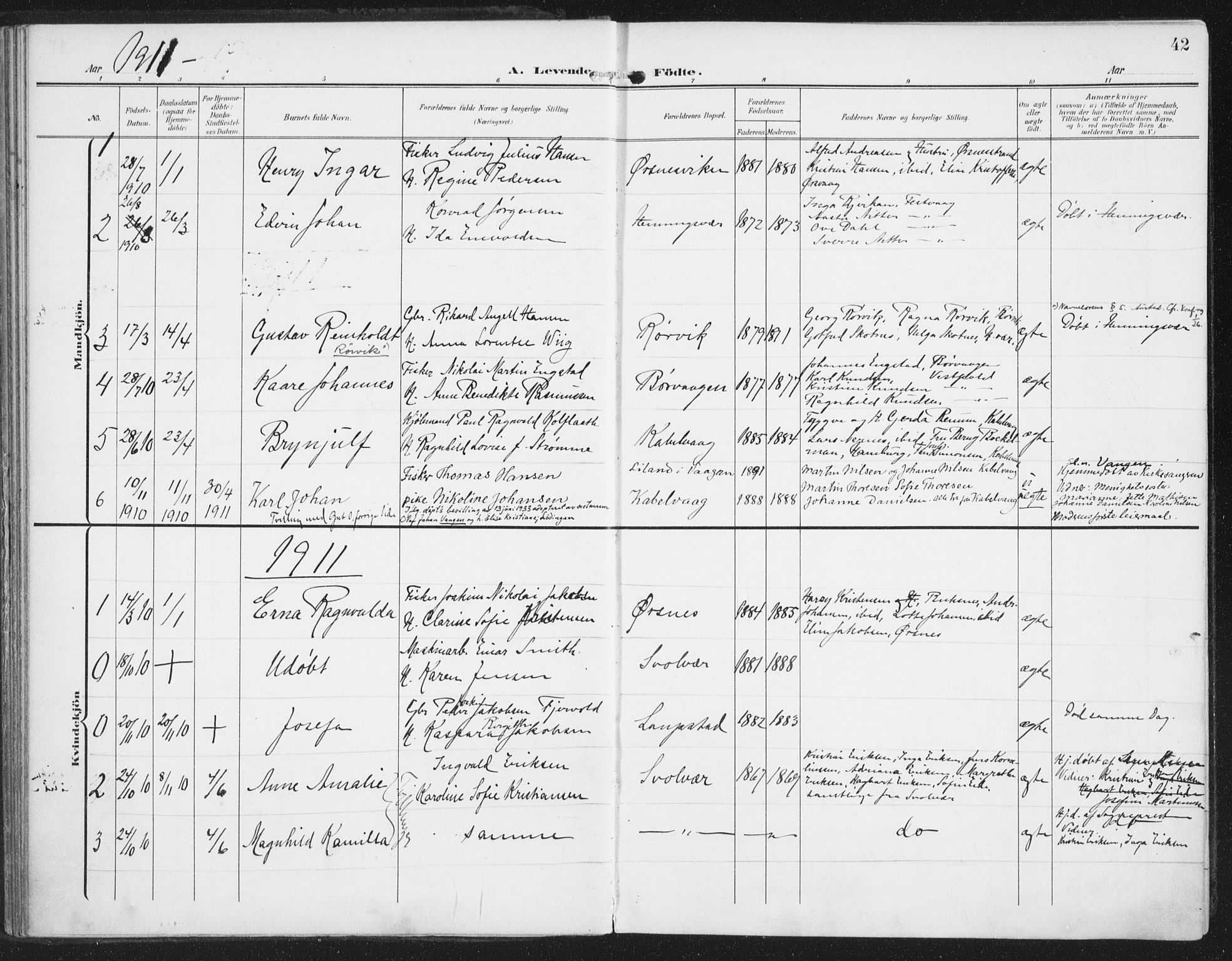 Ministerialprotokoller, klokkerbøker og fødselsregistre - Nordland, SAT/A-1459/874/L1063: Parish register (official) no. 874A07, 1907-1915, p. 42