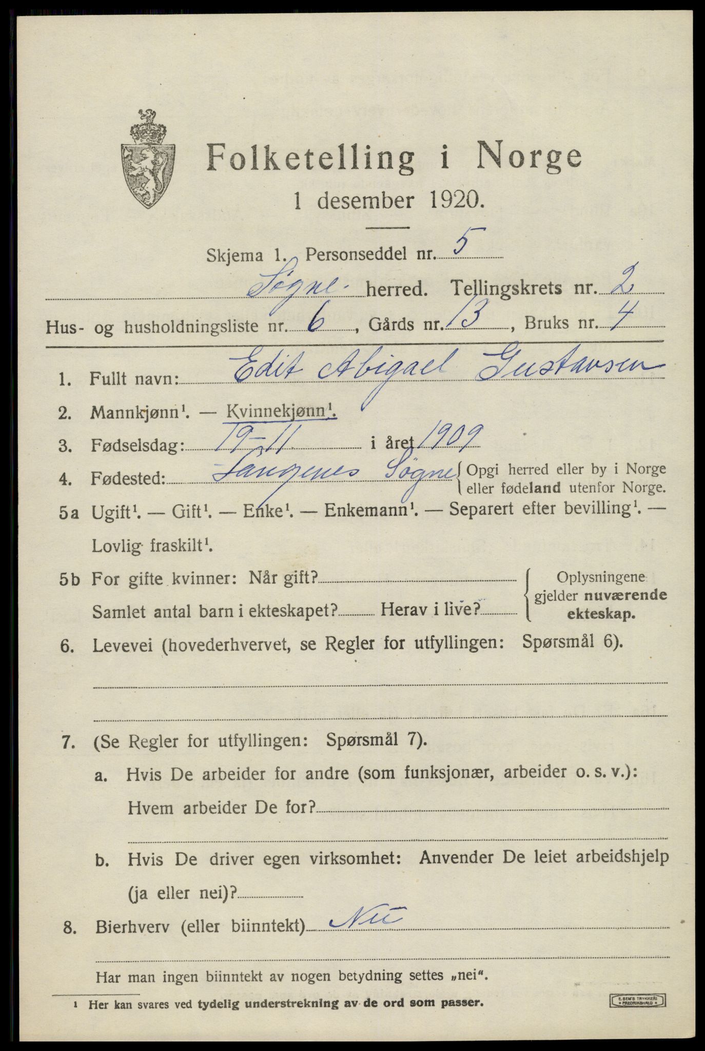 SAK, 1920 census for Søgne, 1920, p. 1501