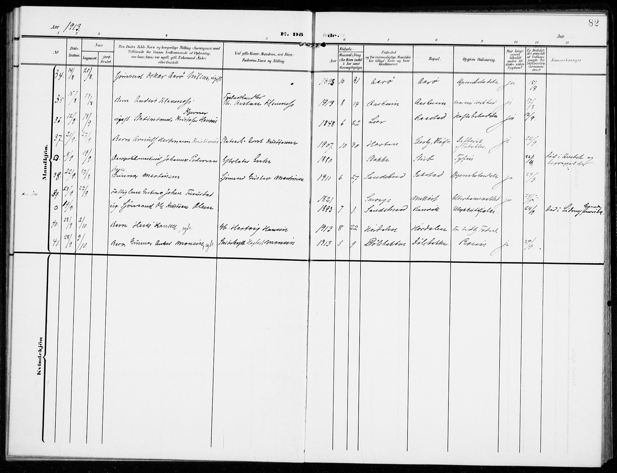 Sandar kirkebøker, AV/SAKO-A-243/F/Fa/L0019: Parish register (official) no. 19, 1908-1914, p. 82