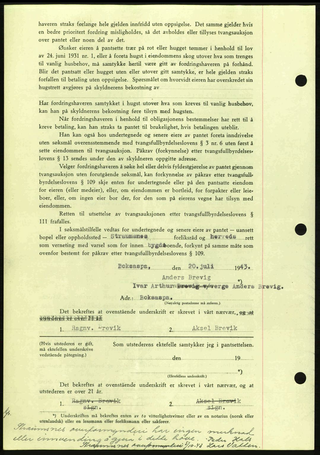 Nordmøre sorenskriveri, AV/SAT-A-4132/1/2/2Ca: Mortgage book no. B91, 1943-1944, Diary no: : 2311/1943