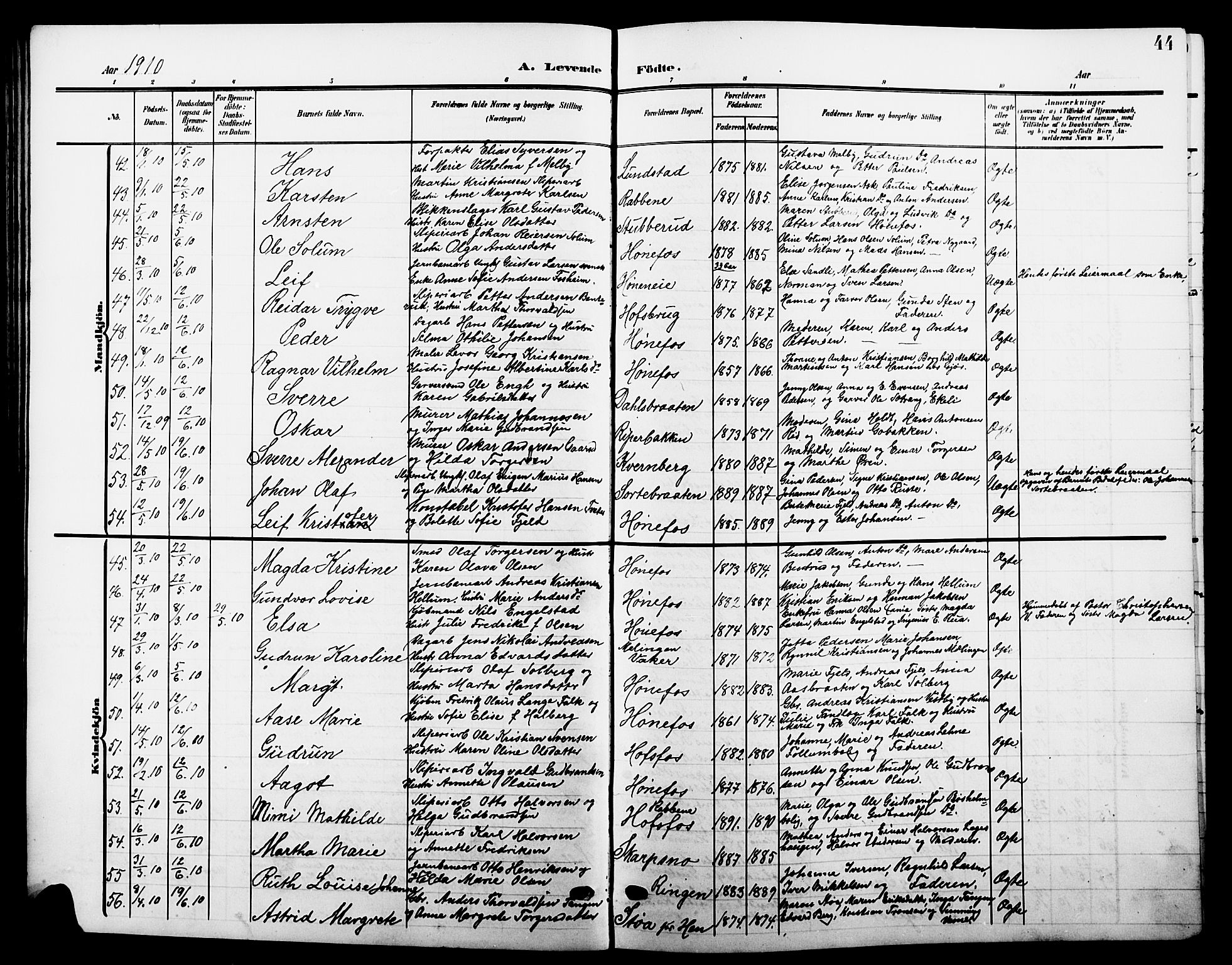 Hønefoss kirkebøker, AV/SAKO-A-609/G/Ga/L0003: Parish register (copy) no. 3, 1905-1925, p. 44