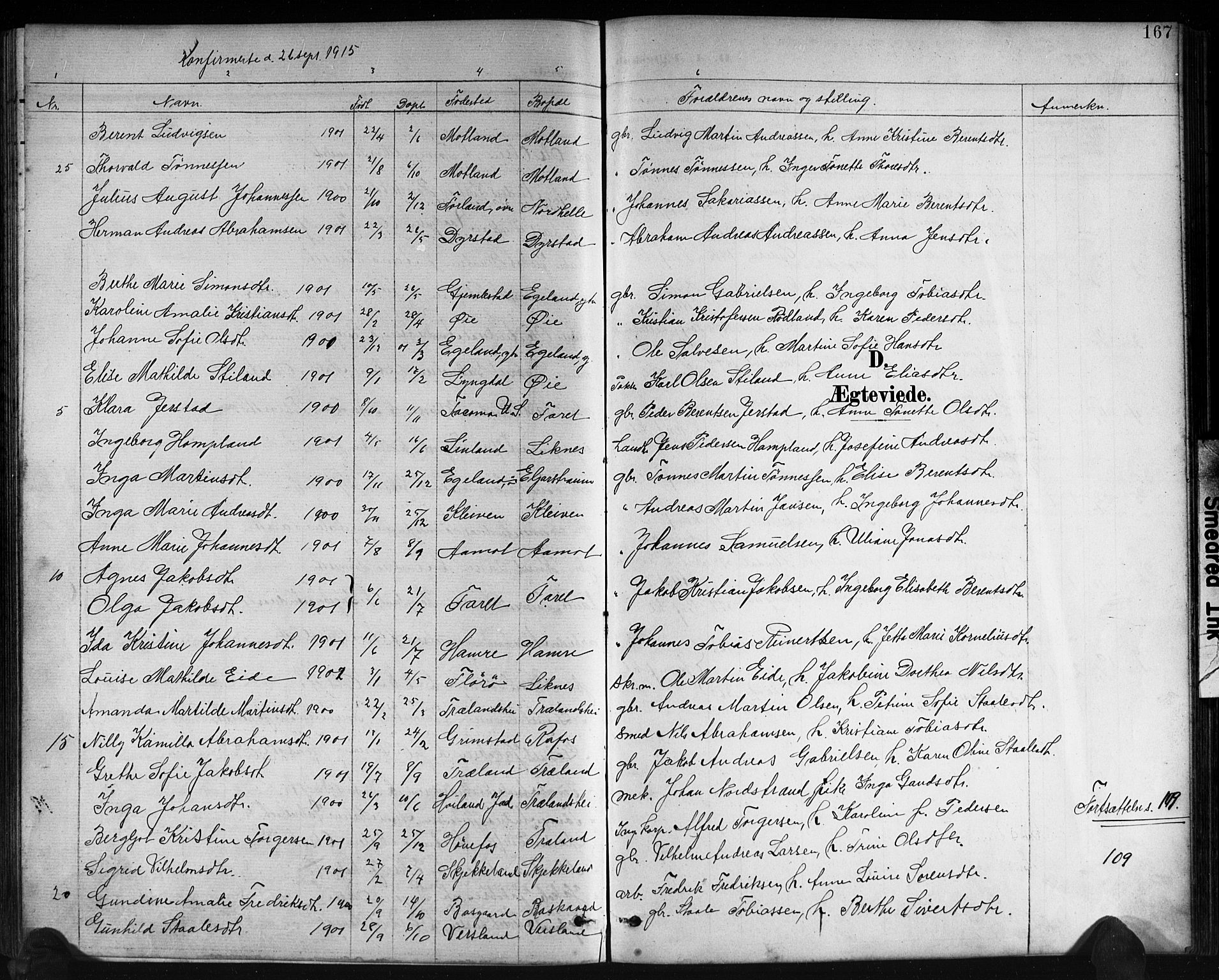 Kvinesdal sokneprestkontor, SAK/1111-0026/F/Fb/Fbb/L0003: Parish register (copy) no. B 3, 1898-1916, p. 167