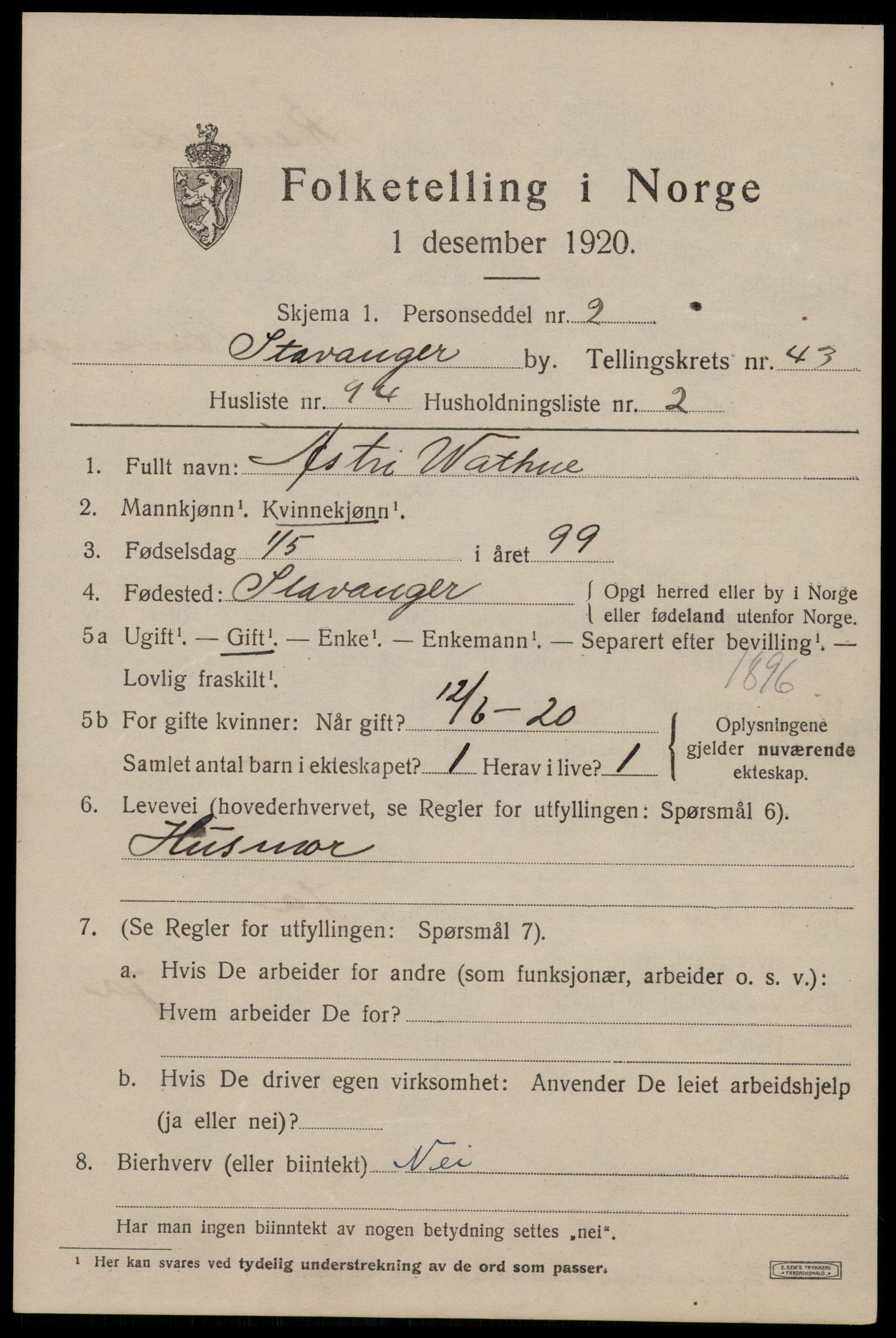 SAST, 1920 census for Stavanger, 1920, p. 108502