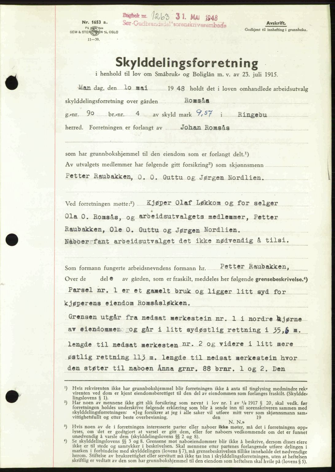 Sør-Gudbrandsdal tingrett, SAH/TING-004/H/Hb/Hbd/L0022: Mortgage book no. A22, 1948-1948, Diary no: : 1263/1948