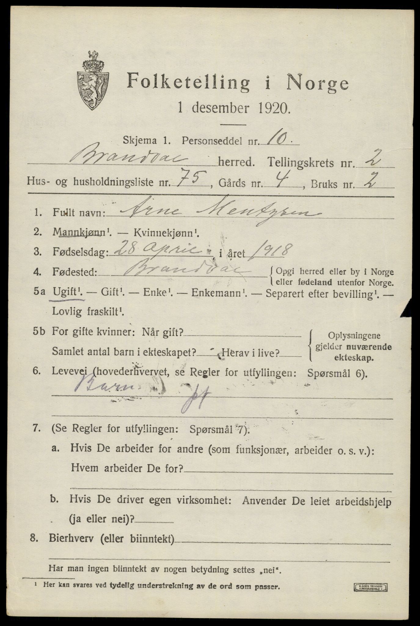 SAH, 1920 census for Brandval, 1920, p. 2998