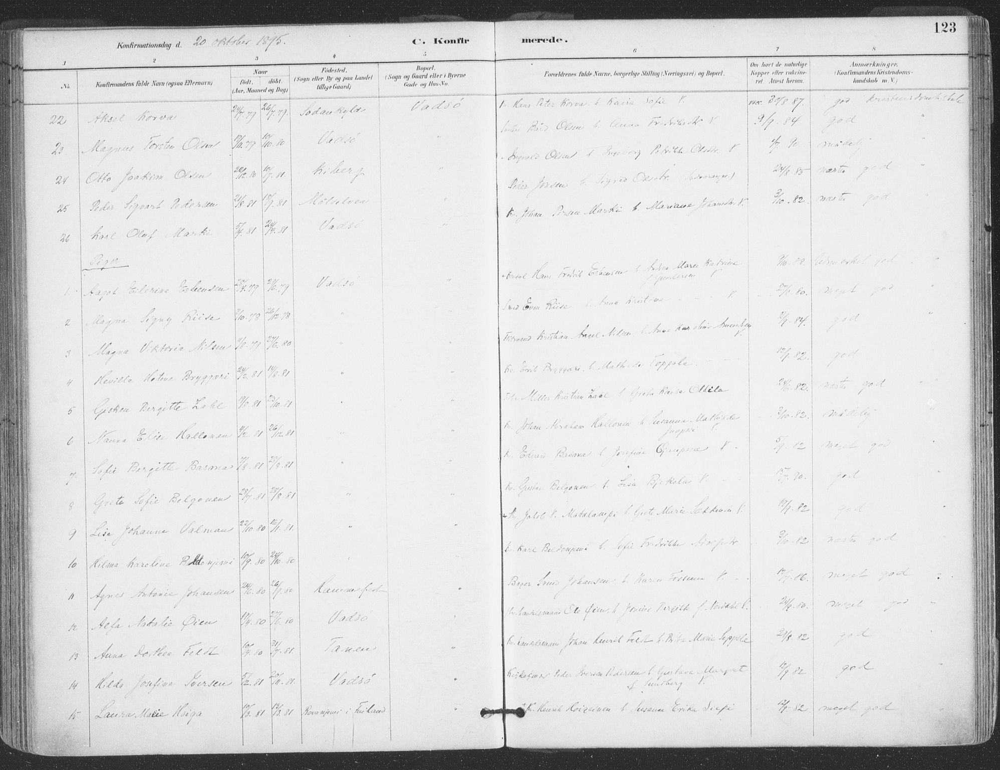 Vadsø sokneprestkontor, SATØ/S-1325/H/Ha/L0006kirke: Parish register (official) no. 6, 1885-1895, p. 123