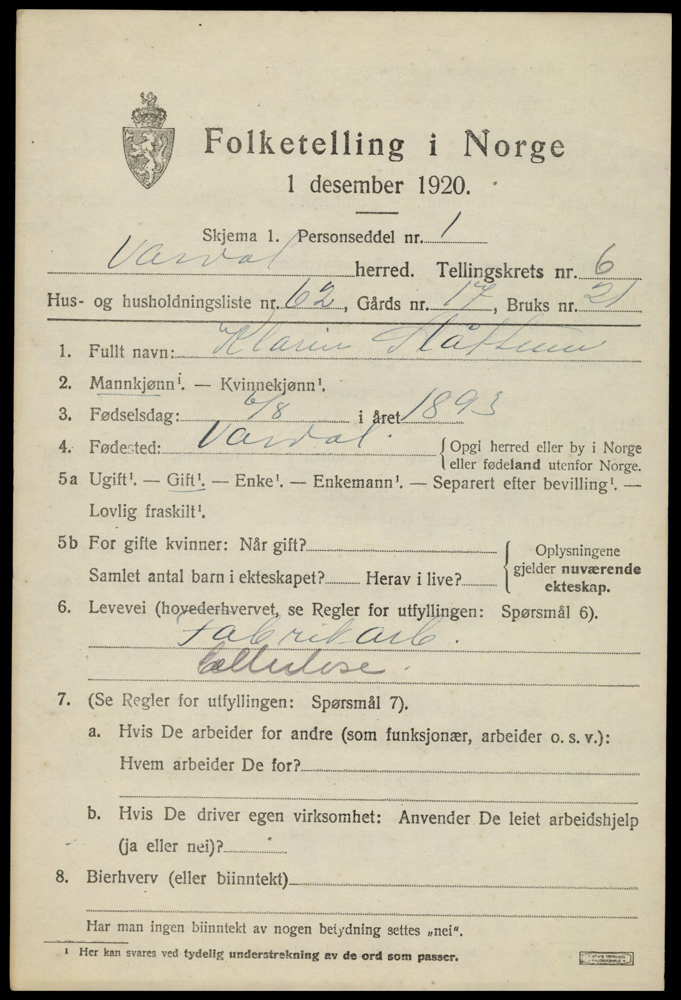 SAH, 1920 census for Vardal, 1920, p. 4583