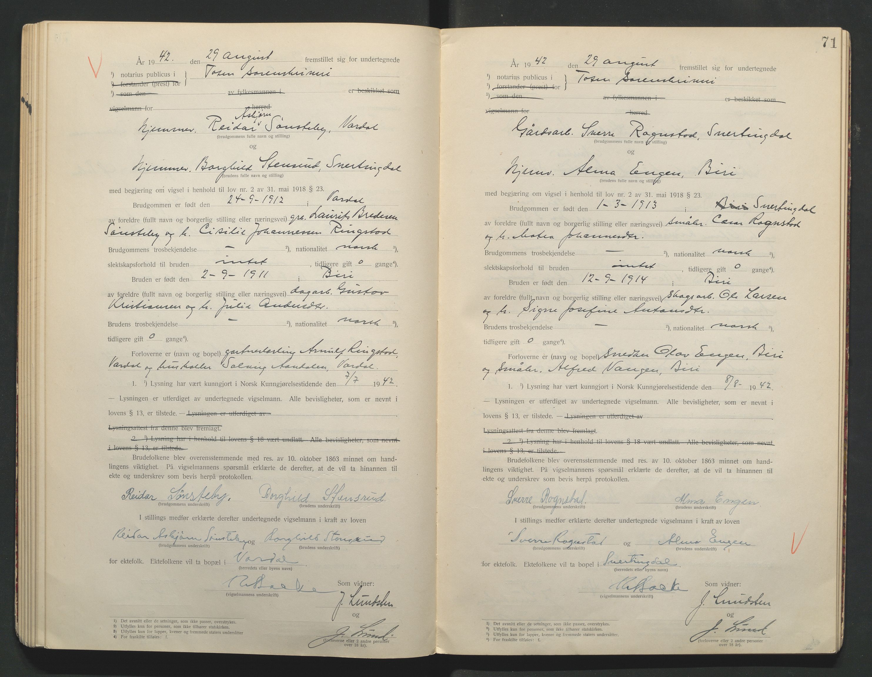 Toten tingrett, AV/SAH-TING-006/L/Lc/L0001: Vigselbok, 1920-1942, p. 71