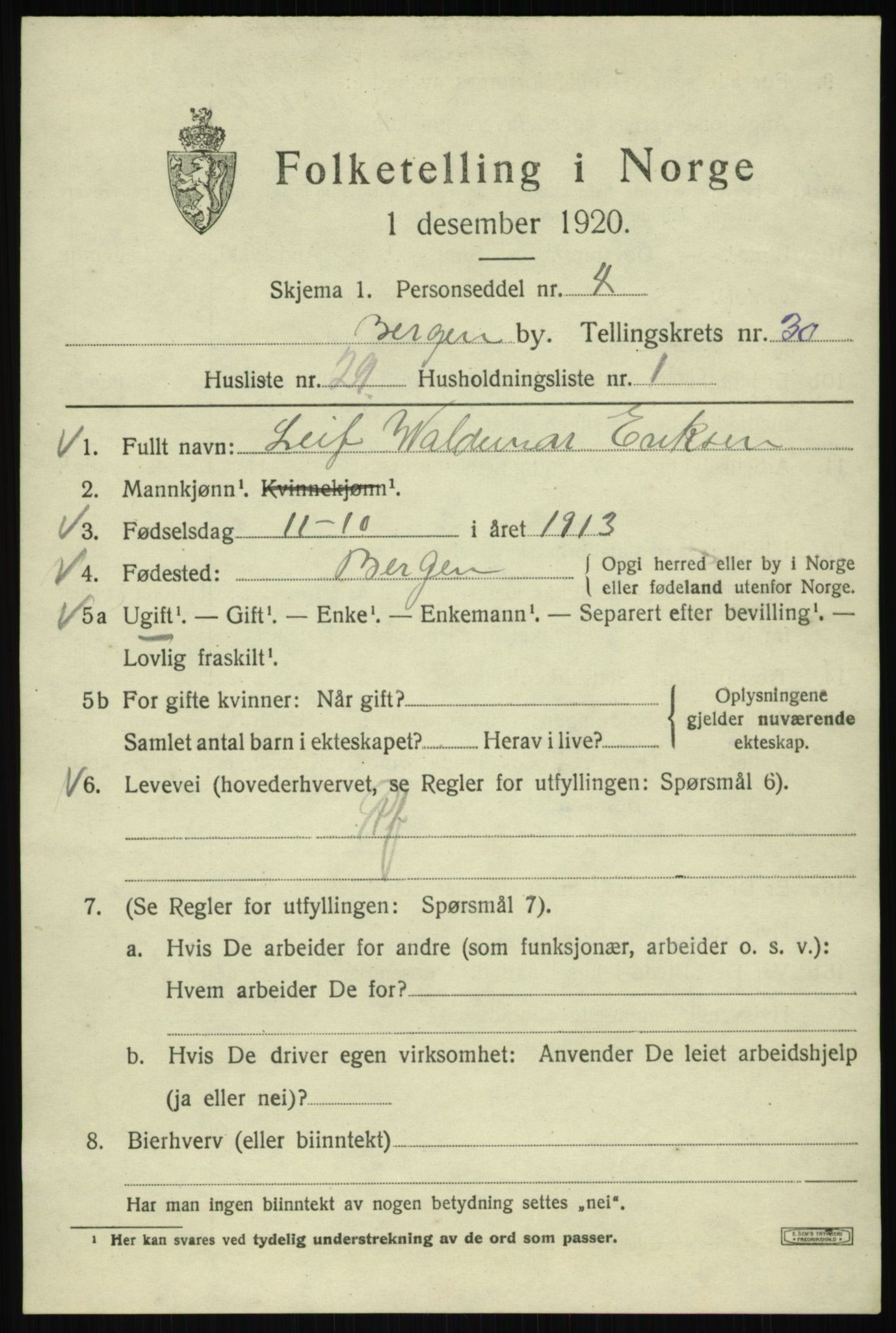 SAB, 1920 census for Bergen, 1920, p. 95836