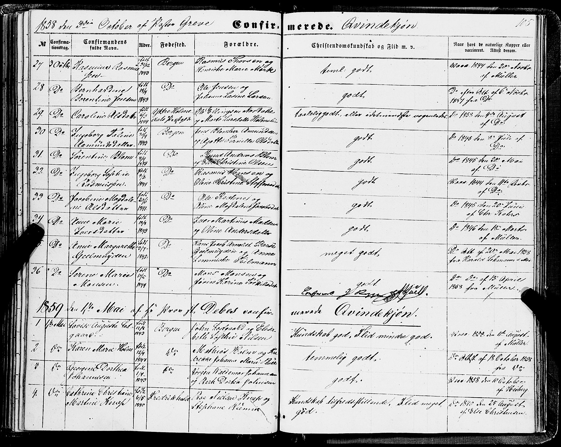 Domkirken sokneprestembete, SAB/A-74801/H/Haa/L0028: Parish register (official) no. C 3, 1852-1864, p. 105