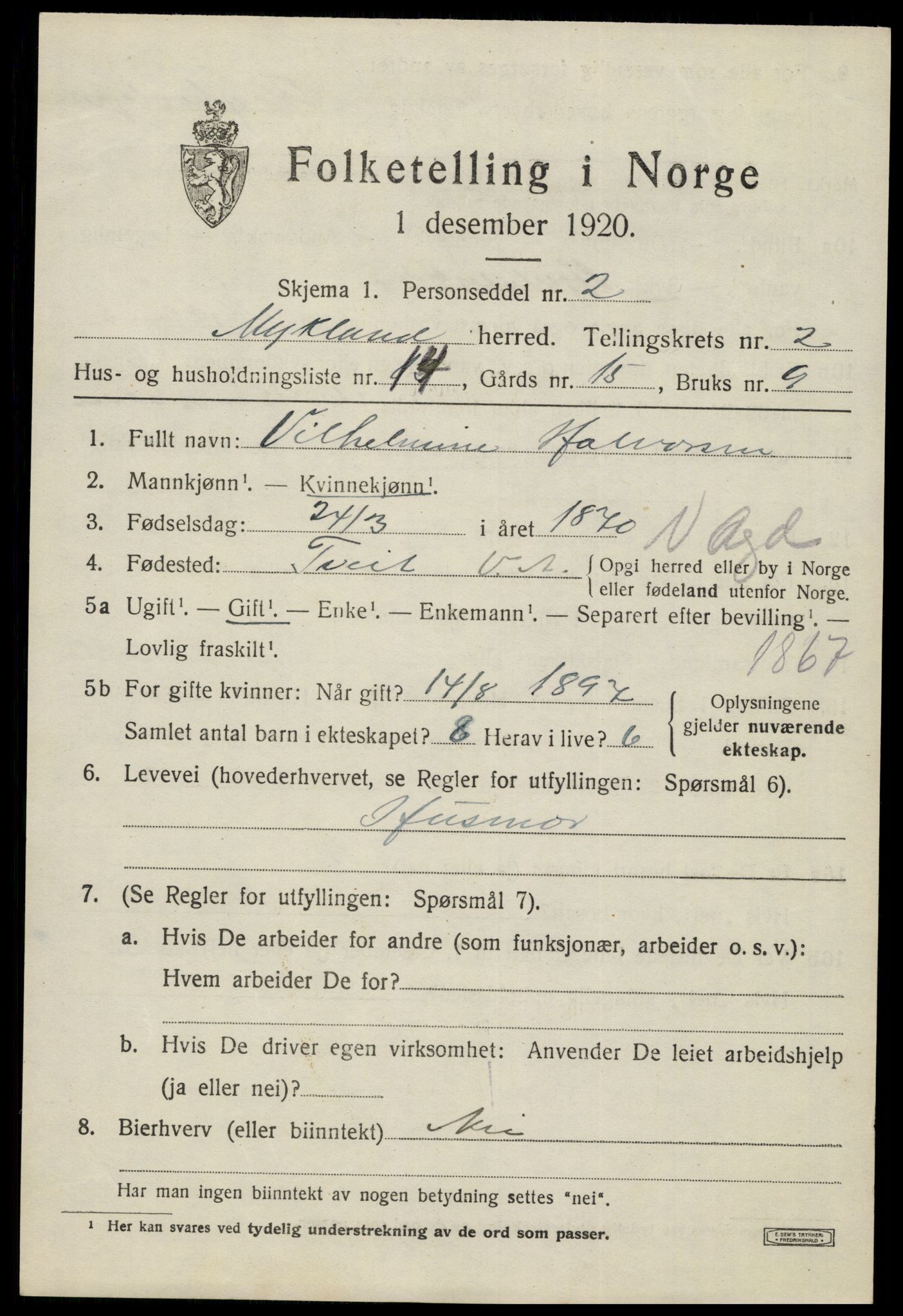 SAK, 1920 census for Mykland, 1920, p. 872