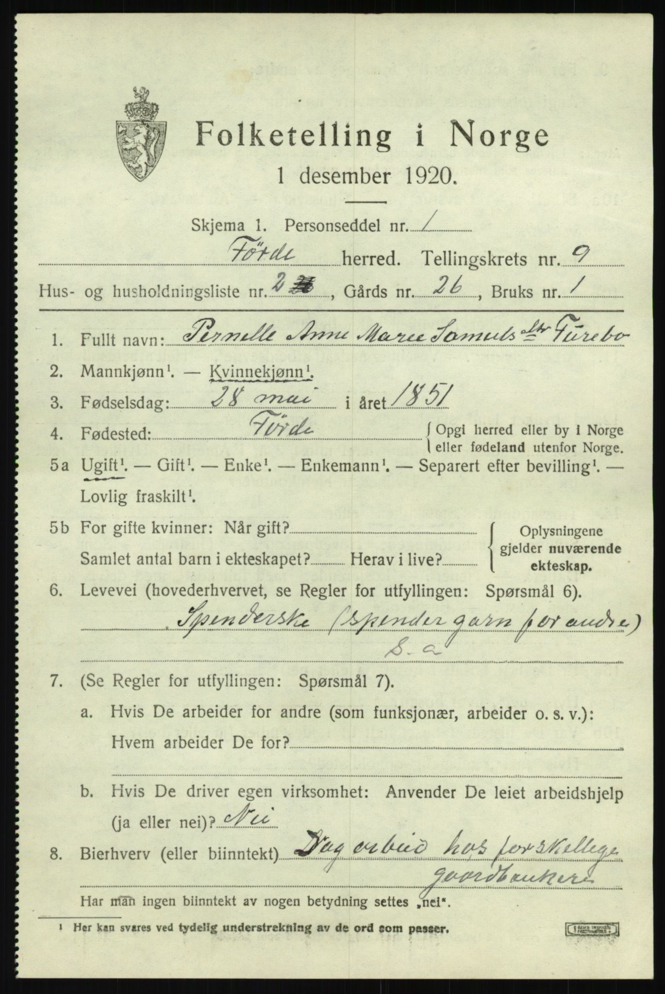 SAB, 1920 census for Førde, 1920, p. 3380