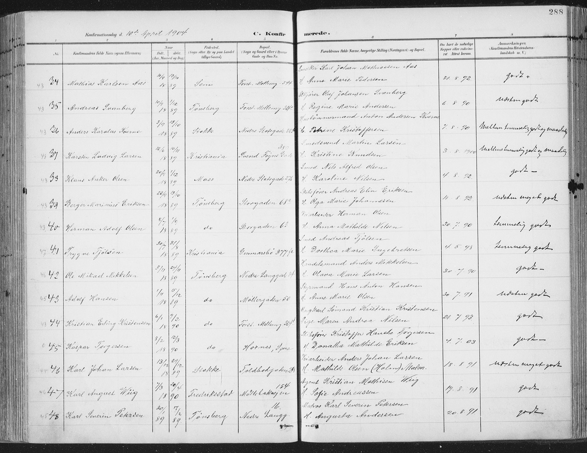 Tønsberg kirkebøker, SAKO/A-330/F/Fa/L0014: Parish register (official) no. I 14, 1900-1913, p. 288