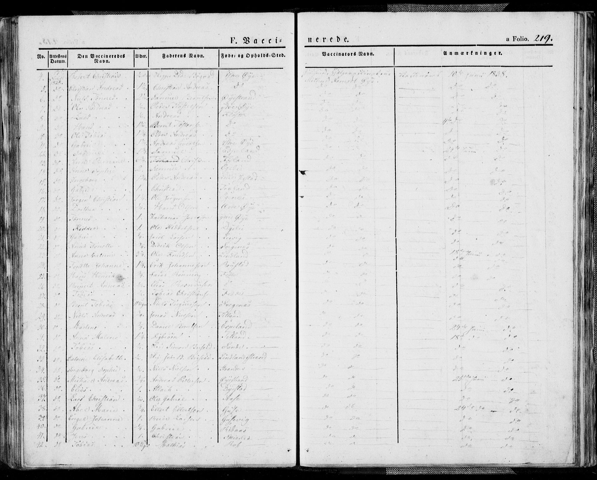 Kvinesdal sokneprestkontor, AV/SAK-1111-0026/F/Fa/Fab/L0004: Parish register (official) no. A 4, 1829-1843, p. 219