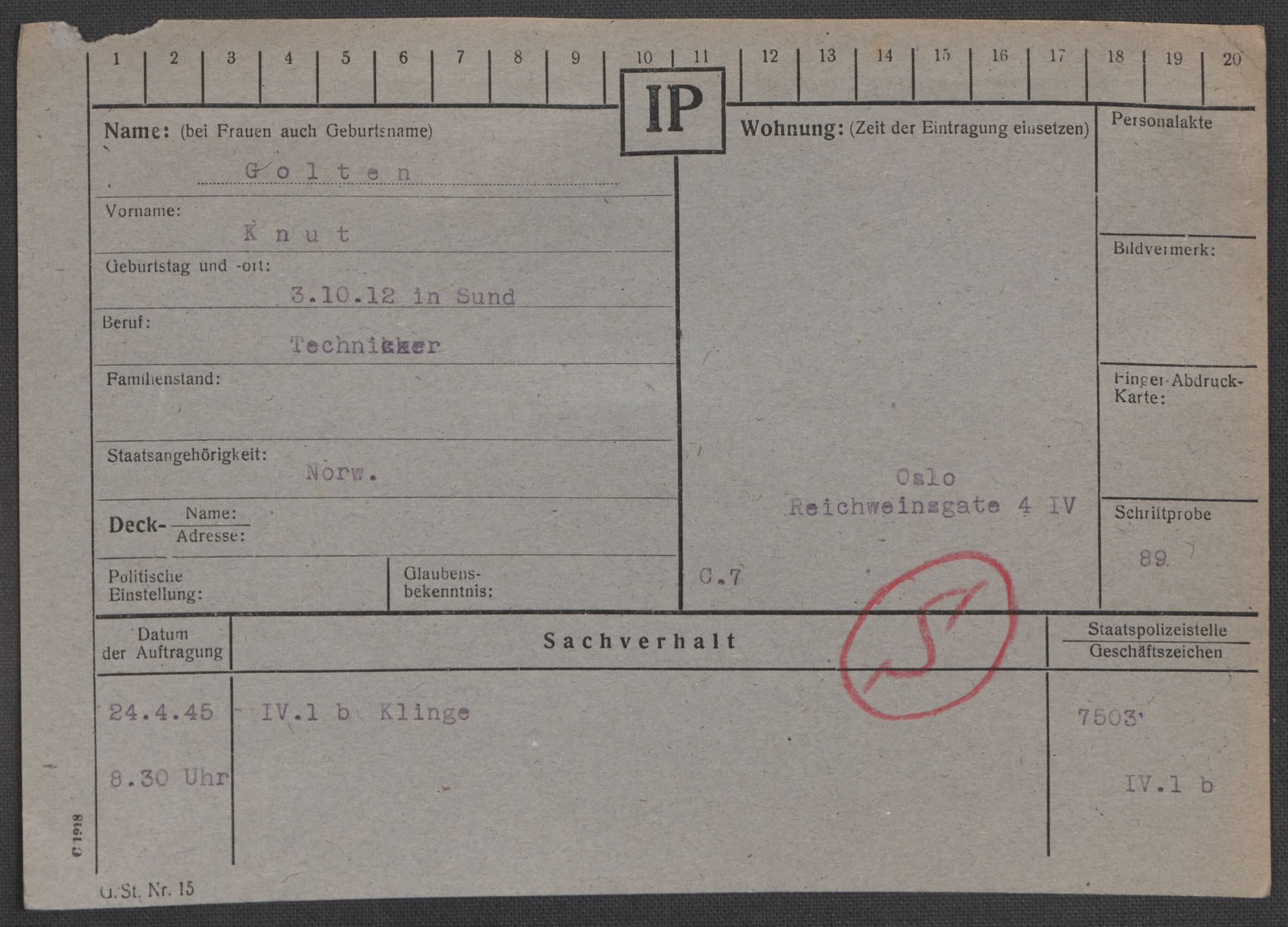 Befehlshaber der Sicherheitspolizei und des SD, AV/RA-RAFA-5969/E/Ea/Eaa/L0003: Register over norske fanger i Møllergata 19: Eng-Hag, 1940-1945, p. 897