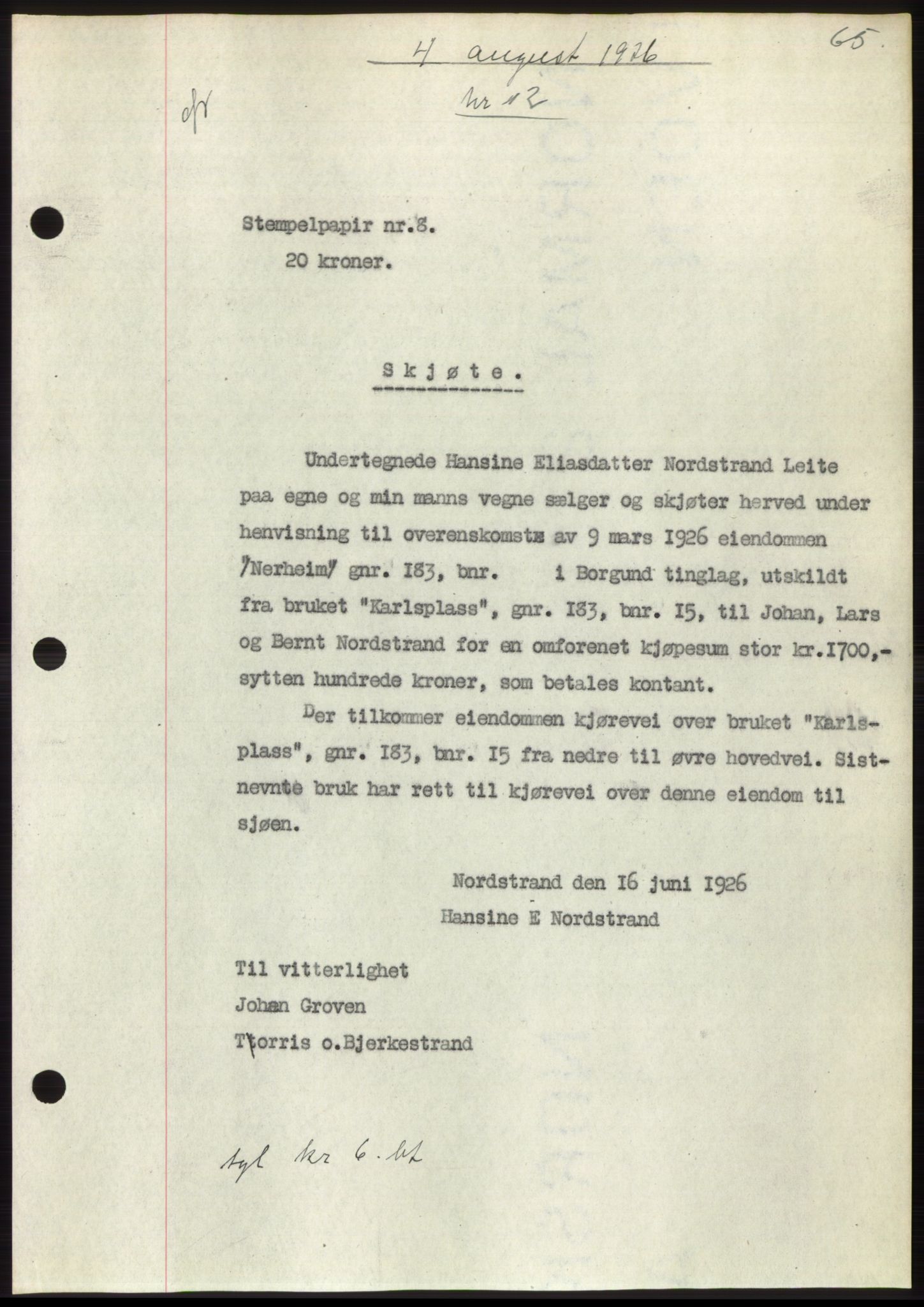 Nordre Sunnmøre sorenskriveri, AV/SAT-A-0006/1/2/2C/2Ca/L0035: Mortgage book no. 37, 1926-1926, Deed date: 04.08.1926