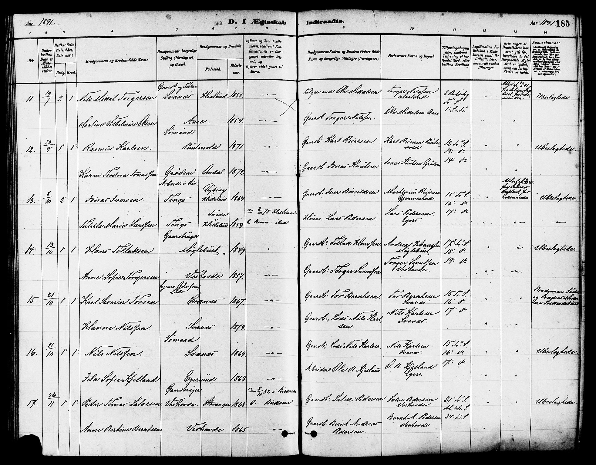 Eigersund sokneprestkontor, AV/SAST-A-101807/S08/L0017: Parish register (official) no. A 14, 1879-1892, p. 185