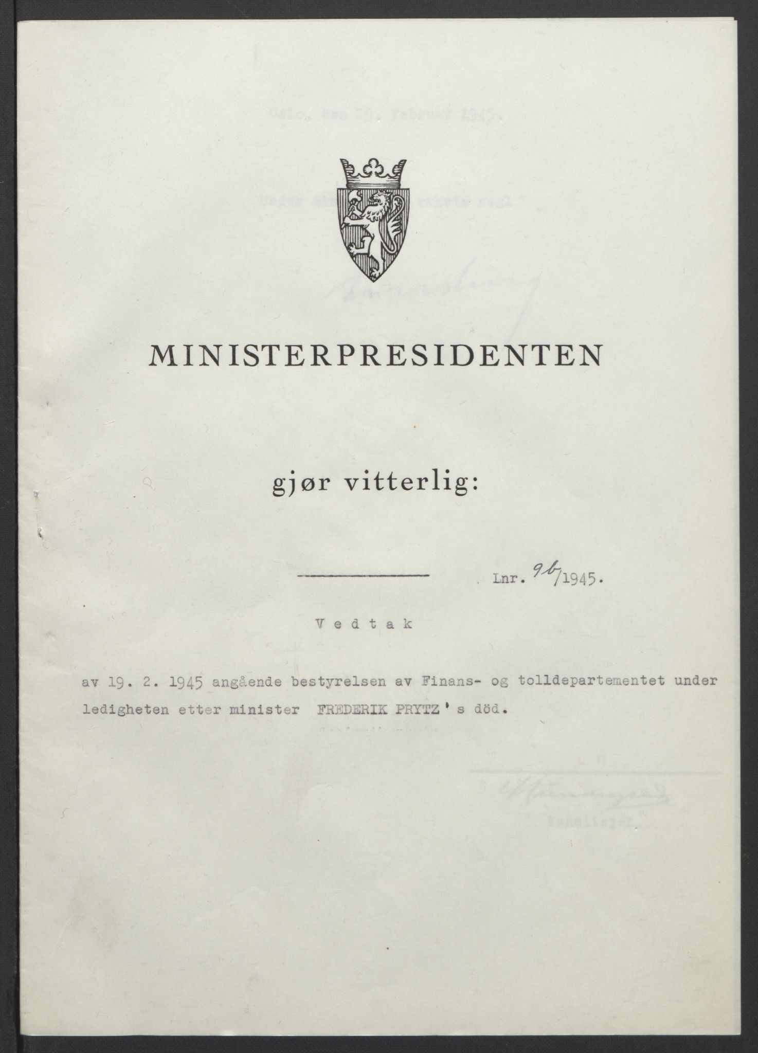 NS-administrasjonen 1940-1945 (Statsrådsekretariatet, de kommisariske statsråder mm), RA/S-4279/D/Db/L0101/0001: -- / Lover og vedtak, 1945, p. 191