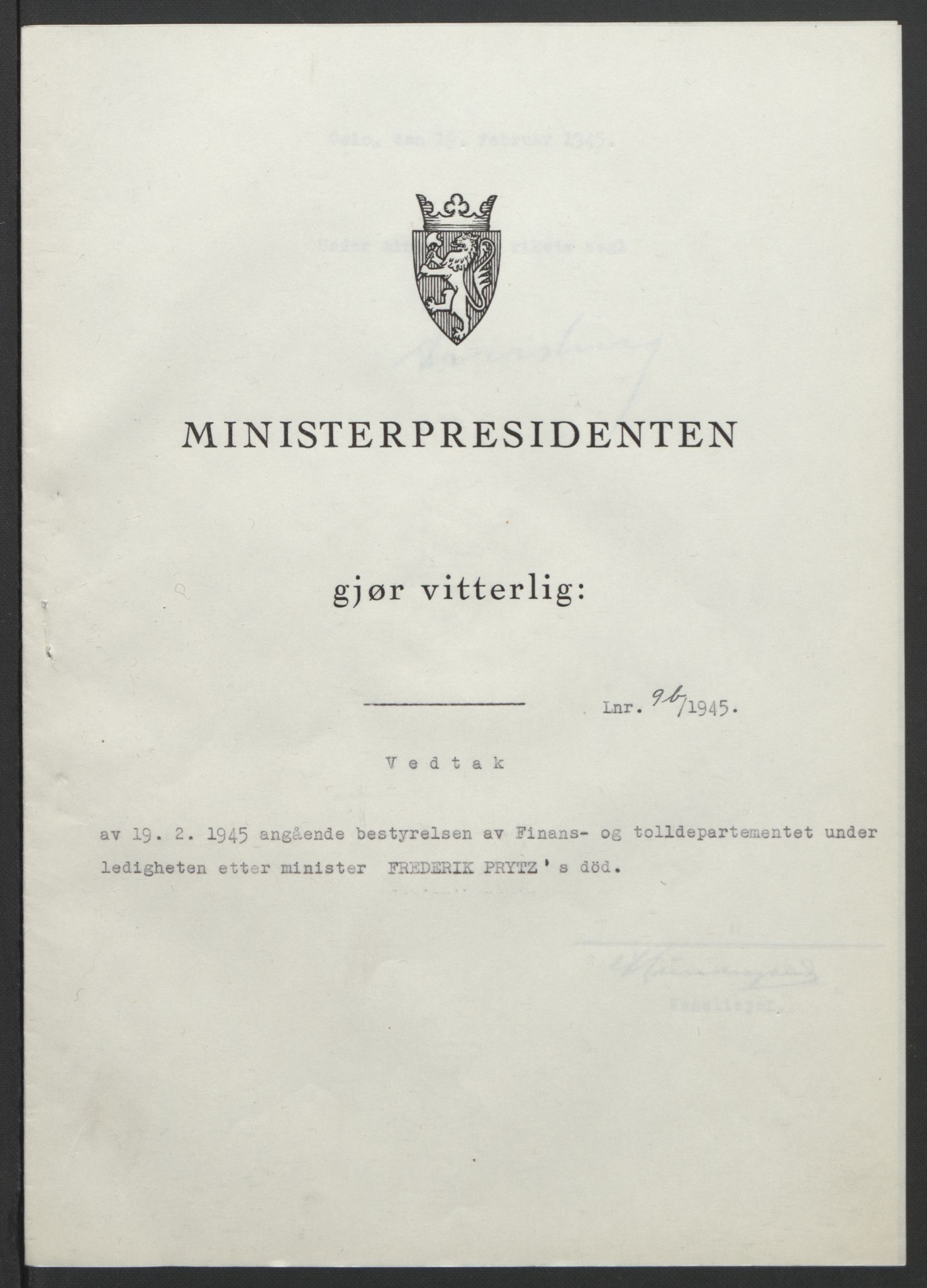 NS-administrasjonen 1940-1945 (Statsrådsekretariatet, de kommisariske statsråder mm), AV/RA-S-4279/D/Db/L0101/0001: -- / Lover og vedtak, 1945, p. 191