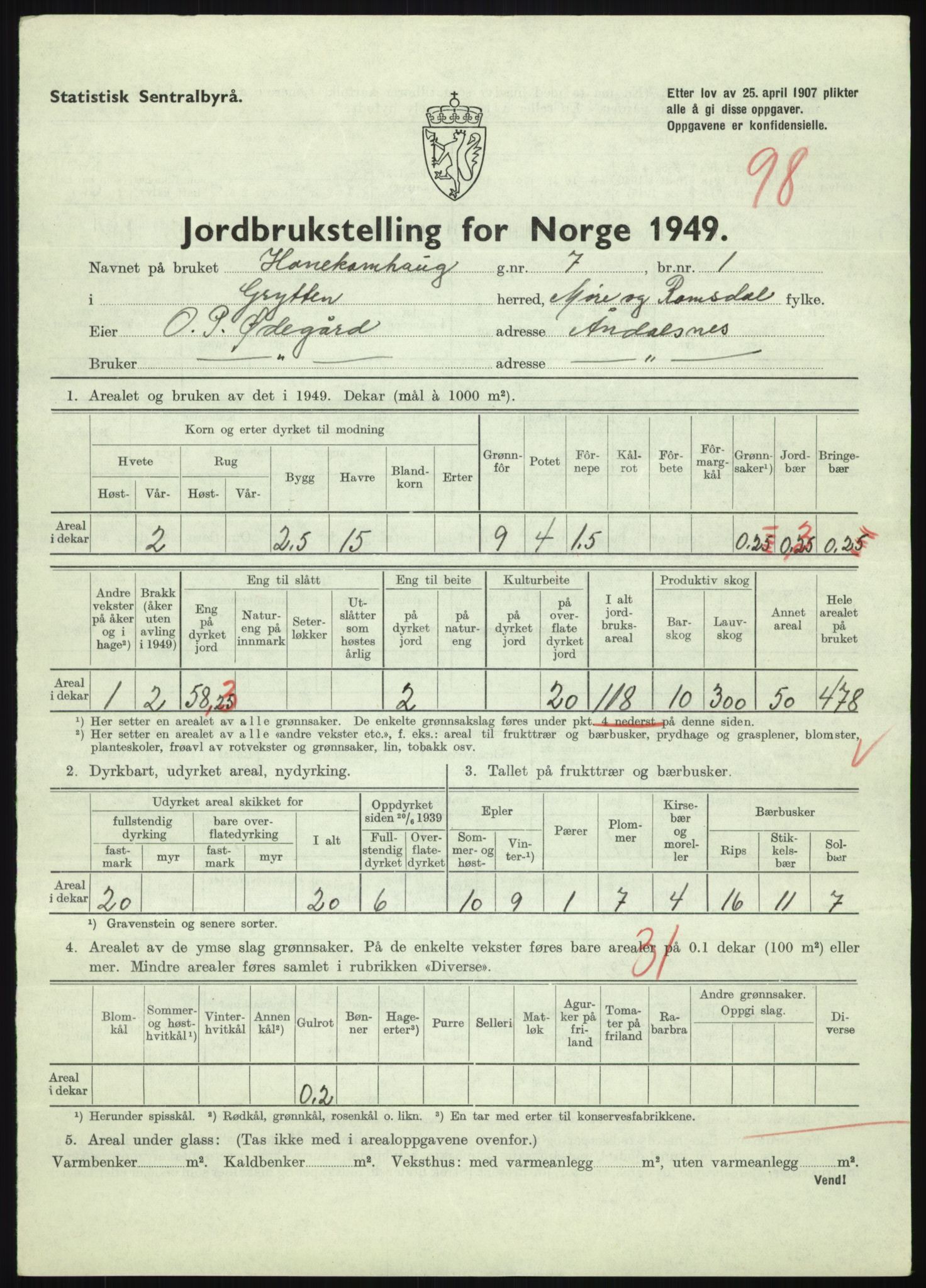 Statistisk sentralbyrå, Næringsøkonomiske emner, Jordbruk, skogbruk, jakt, fiske og fangst, AV/RA-S-2234/G/Gc/L0323: Møre og Romsdal: Grytten og Hen, 1949, p. 361