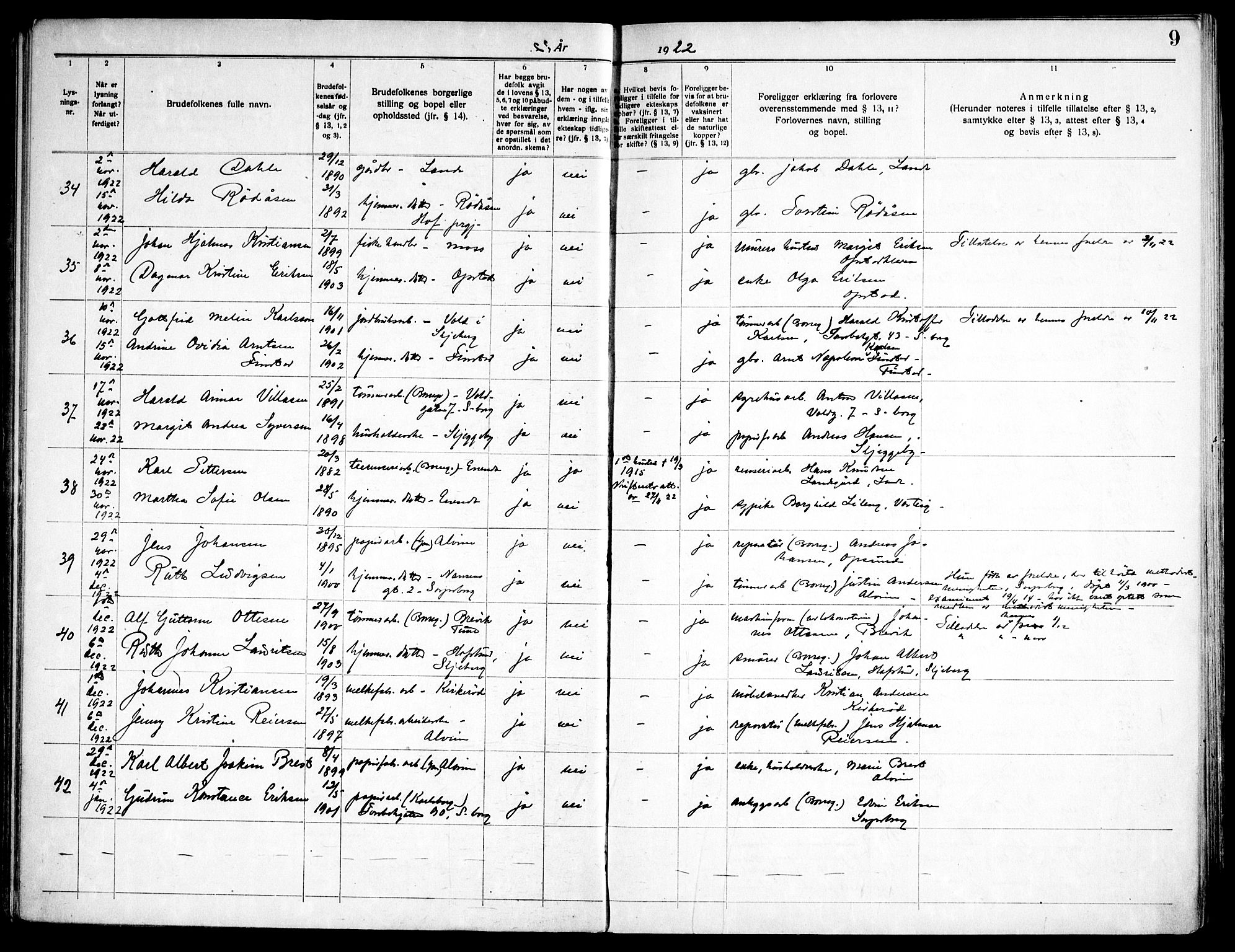 Tune prestekontor Kirkebøker, AV/SAO-A-2007/H/Ha/L0001: Banns register no. I 1, 1919-1946, p. 9