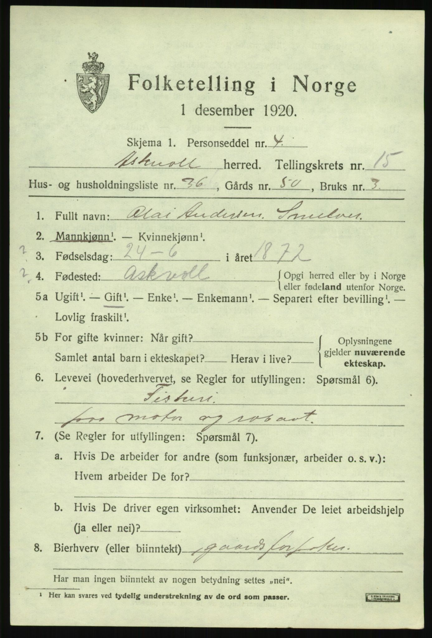 SAB, 1920 census for Askvoll, 1920, p. 5934