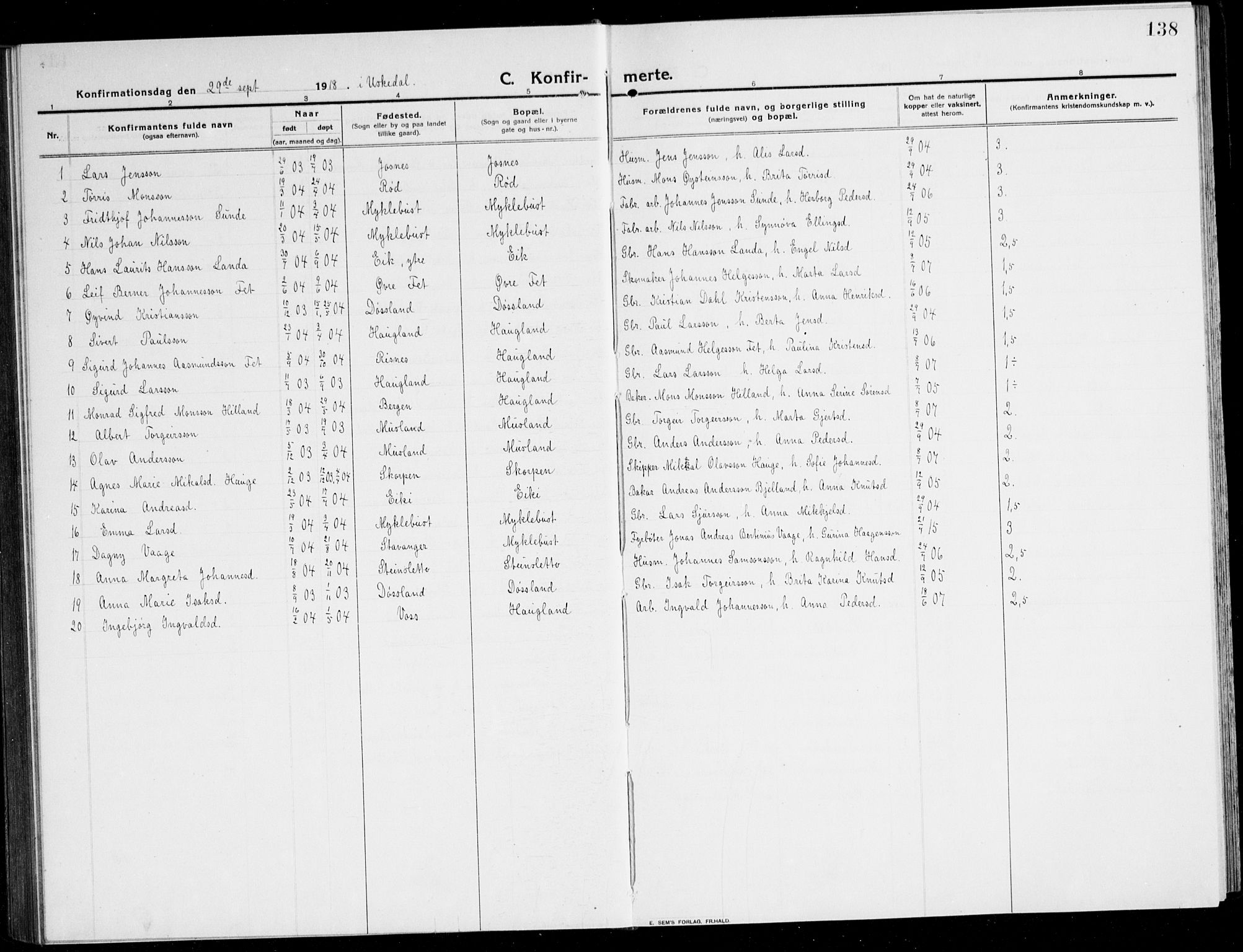 Kvinnherad sokneprestembete, SAB/A-76401/H/Hab: Parish register (copy) no. A 3, 1911-1945, p. 138