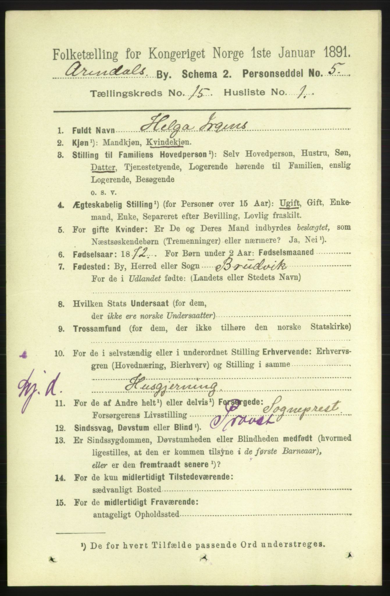 RA, 1891 census for 0903 Arendal, 1891, p. 5031