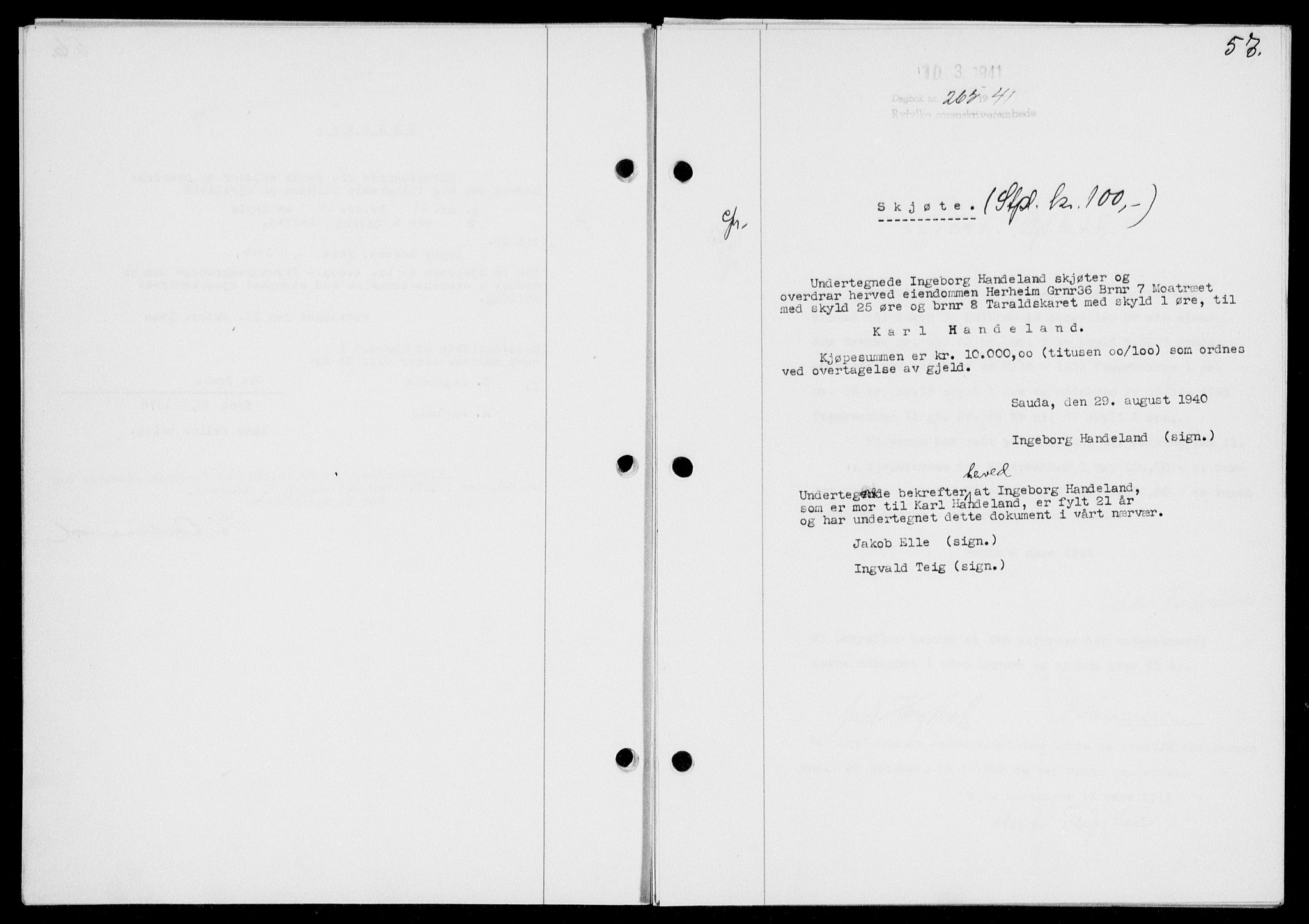 Ryfylke tingrett, SAST/A-100055/001/II/IIB/L0085: Mortgage book no. 64, 1941-1941, Diary no: : 265/1941