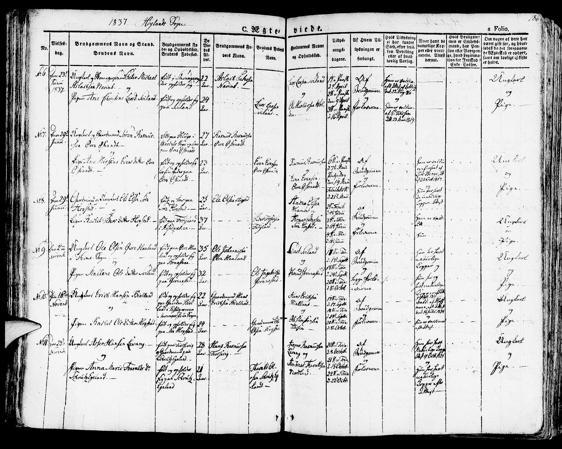 Høyland sokneprestkontor, SAST/A-101799/001/30BA/L0007: Parish register (official) no. A 7 /1, 1825-1841, p. 186