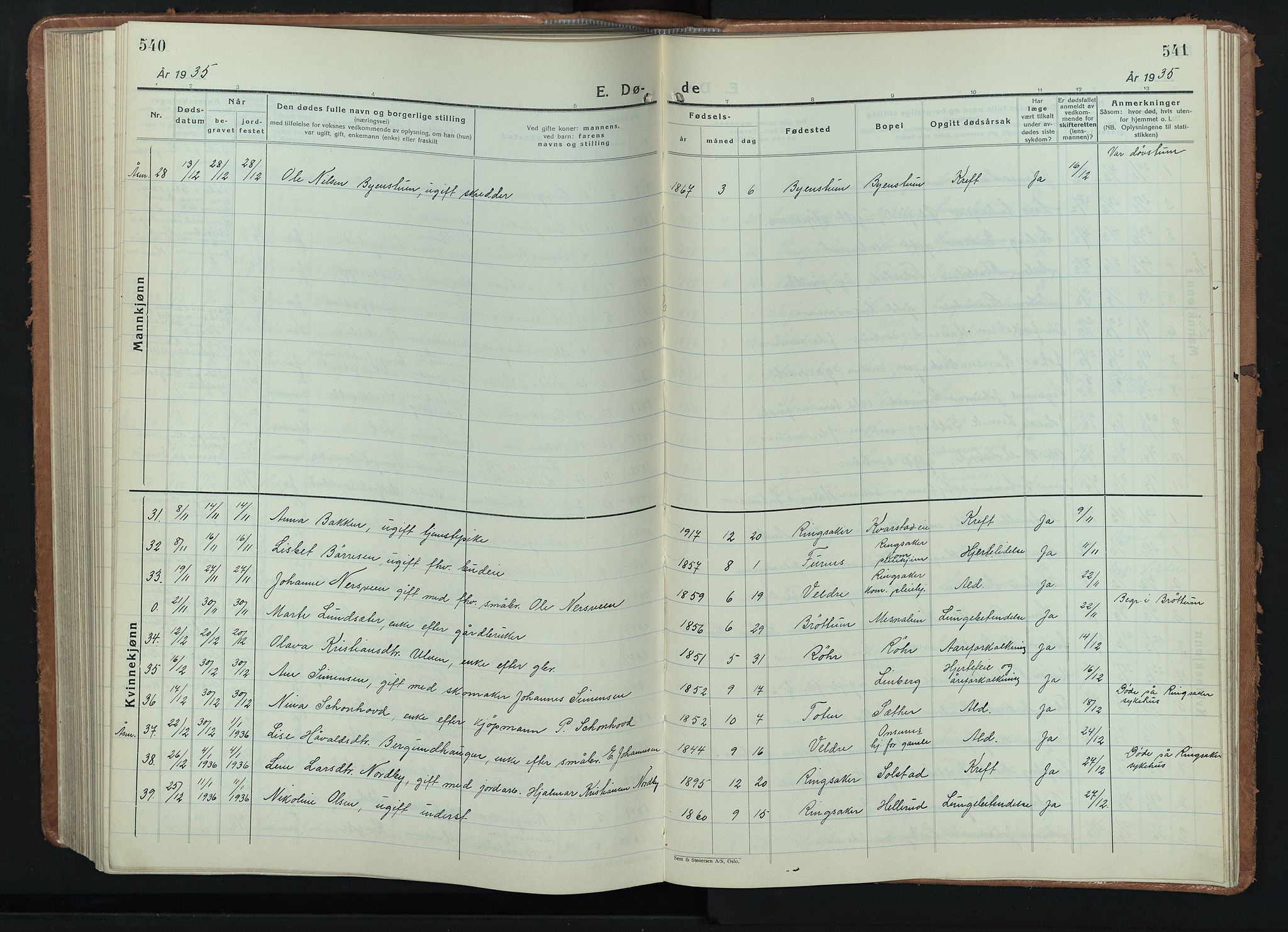 Ringsaker prestekontor, SAH/PREST-014/L/La/L0020: Parish register (copy) no. 20, 1934-1946, p. 540-541