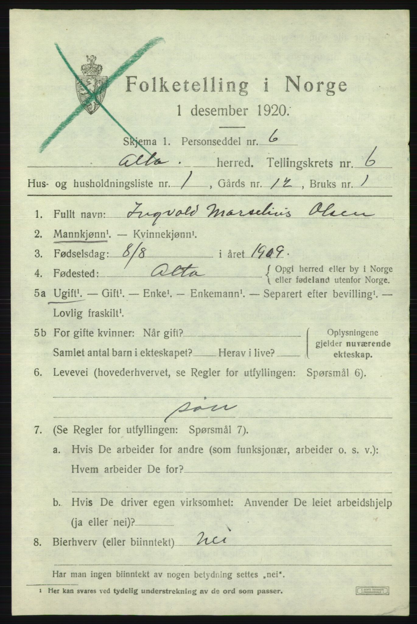 SATØ, 1920 census for Alta, 1920, p. 3895