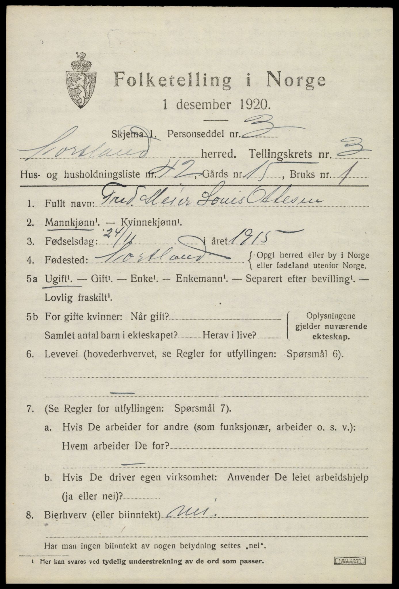 SAT, 1920 census for Sortland, 1920, p. 4212