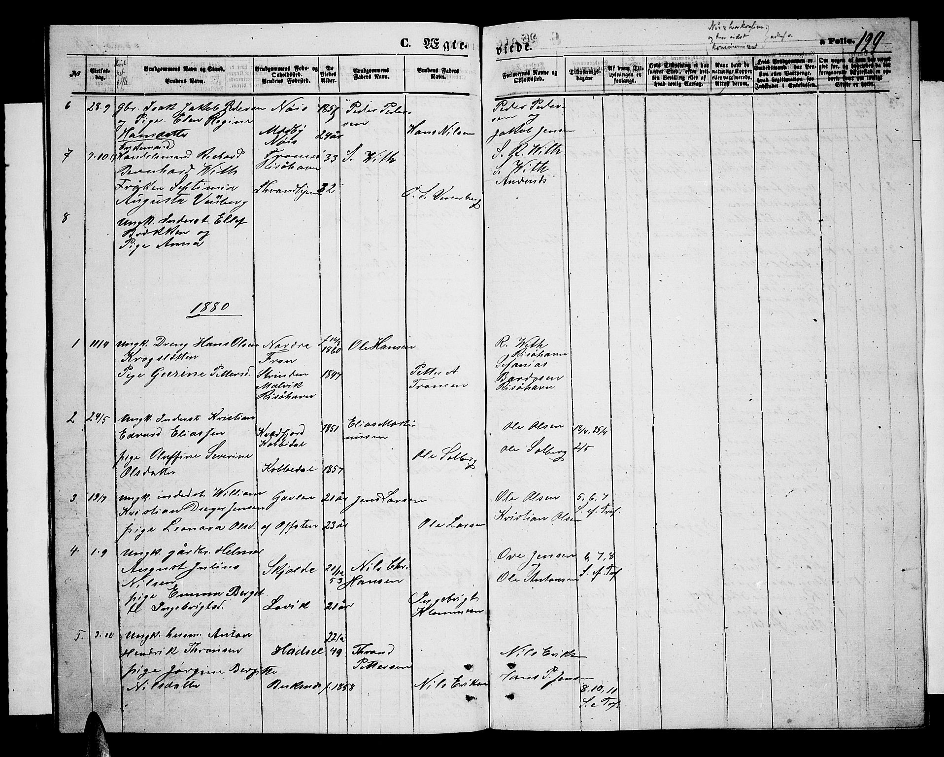 Ministerialprotokoller, klokkerbøker og fødselsregistre - Nordland, AV/SAT-A-1459/898/L1426: Parish register (copy) no. 898C01, 1869-1886, p. 129