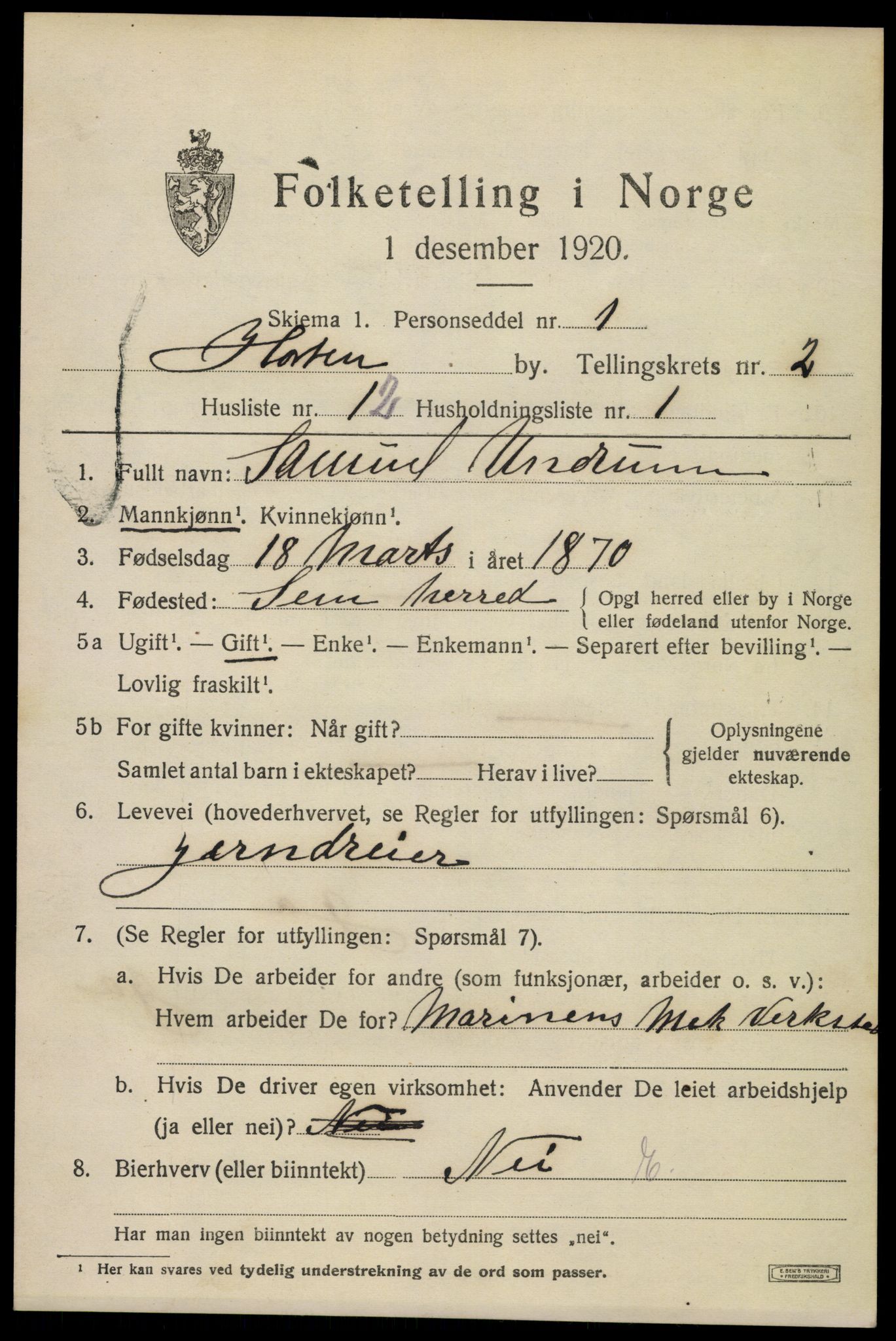 SAKO, 1920 census for Horten, 1920, p. 10345